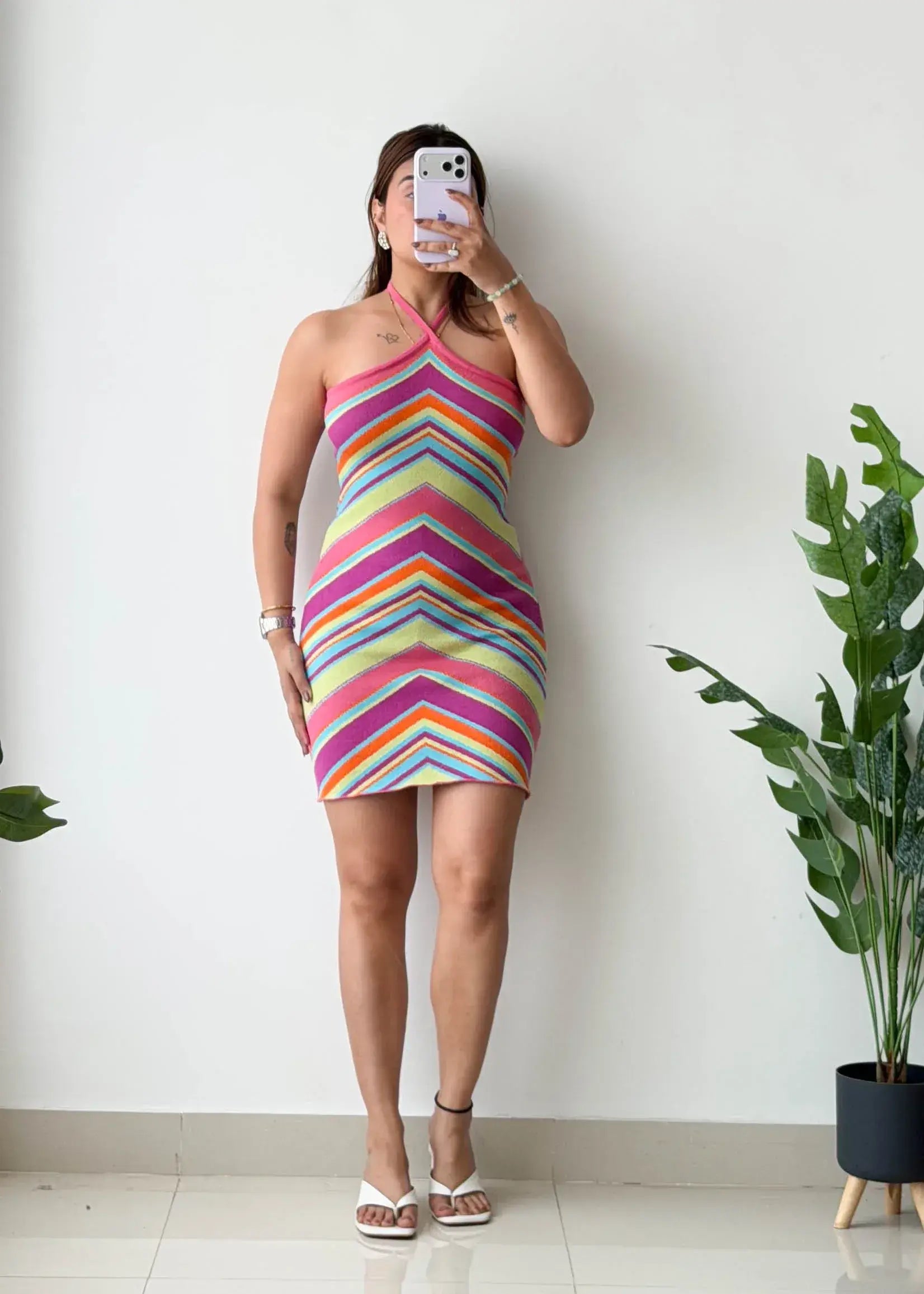 Size M-L, Multicolor Halter Mini Dress - Closet by Payal