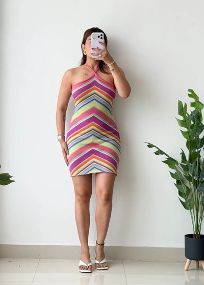 Size M-L, Multicolor Halter Mini Dress - Closet by Payal