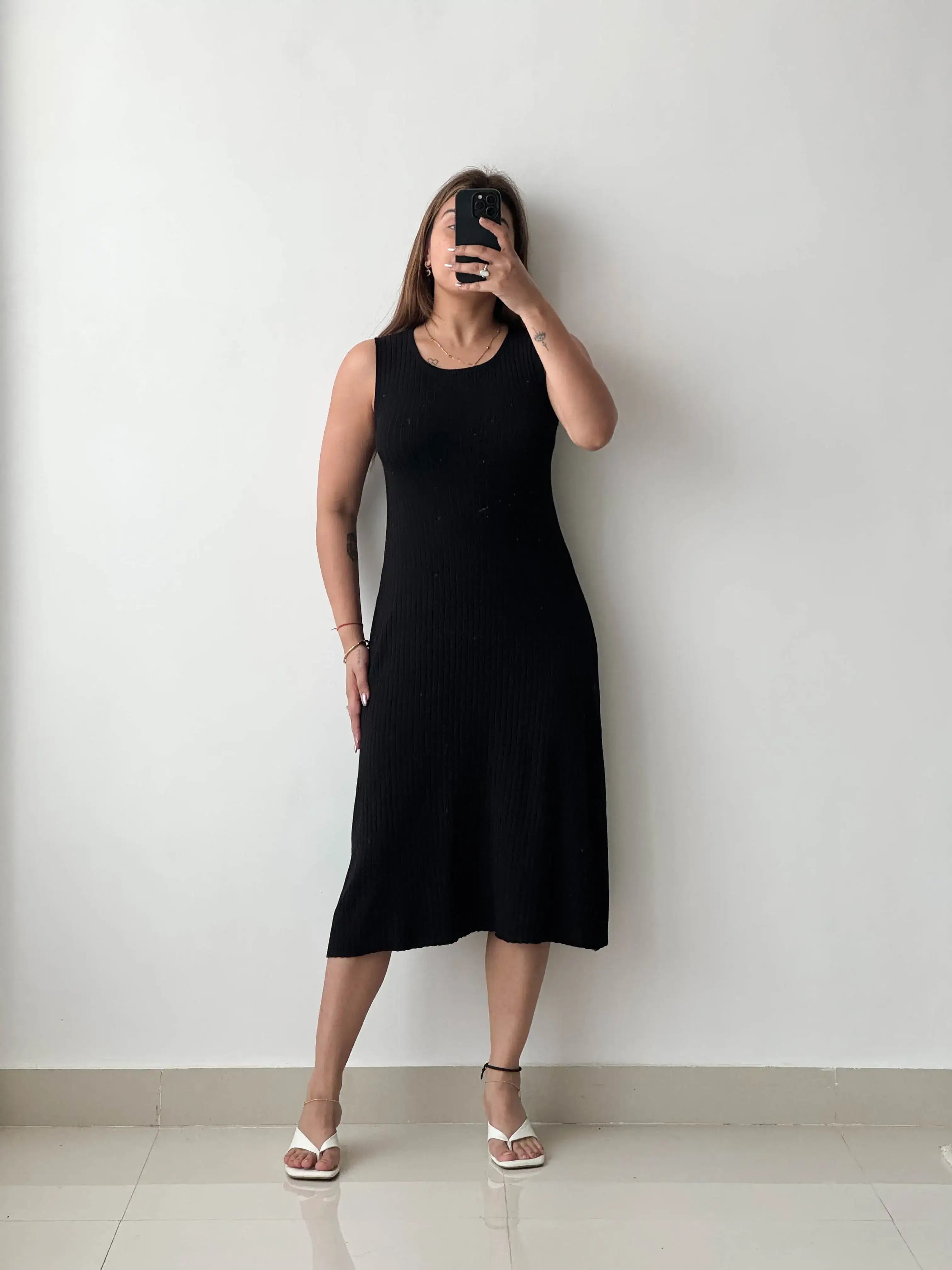 Size M-L, Black Flared Hem Sleeveless Dress