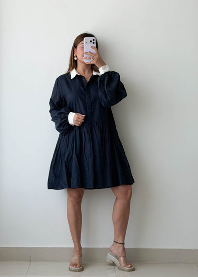 Size L-XL, Navy Collared Flowy Mini Dress