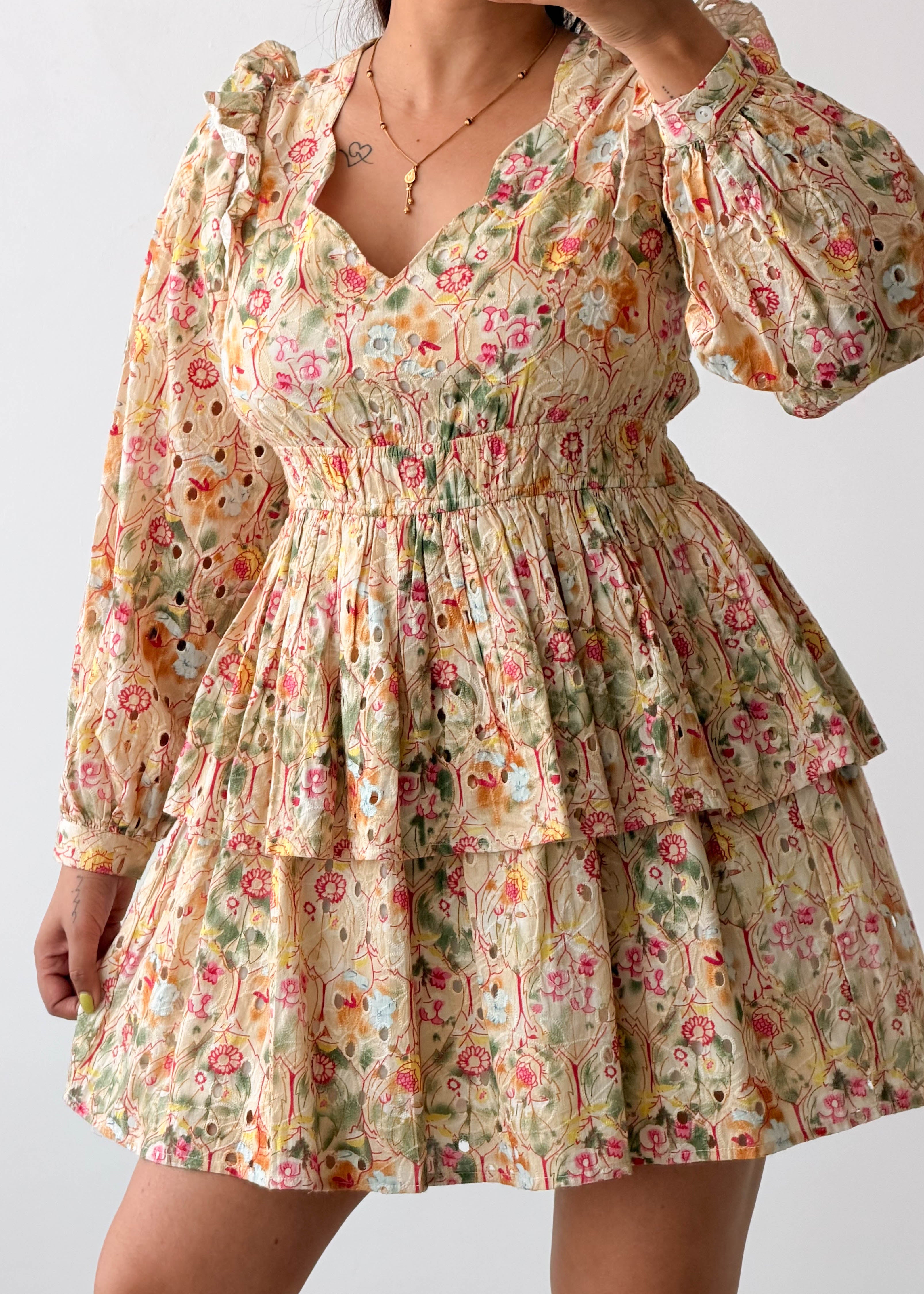 Size S-M Cream Floral Tiered Mini Dress