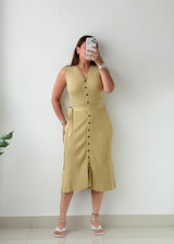 Size S-M Beige Ribbed Button Front Knit Midi Dress (Belt Included)