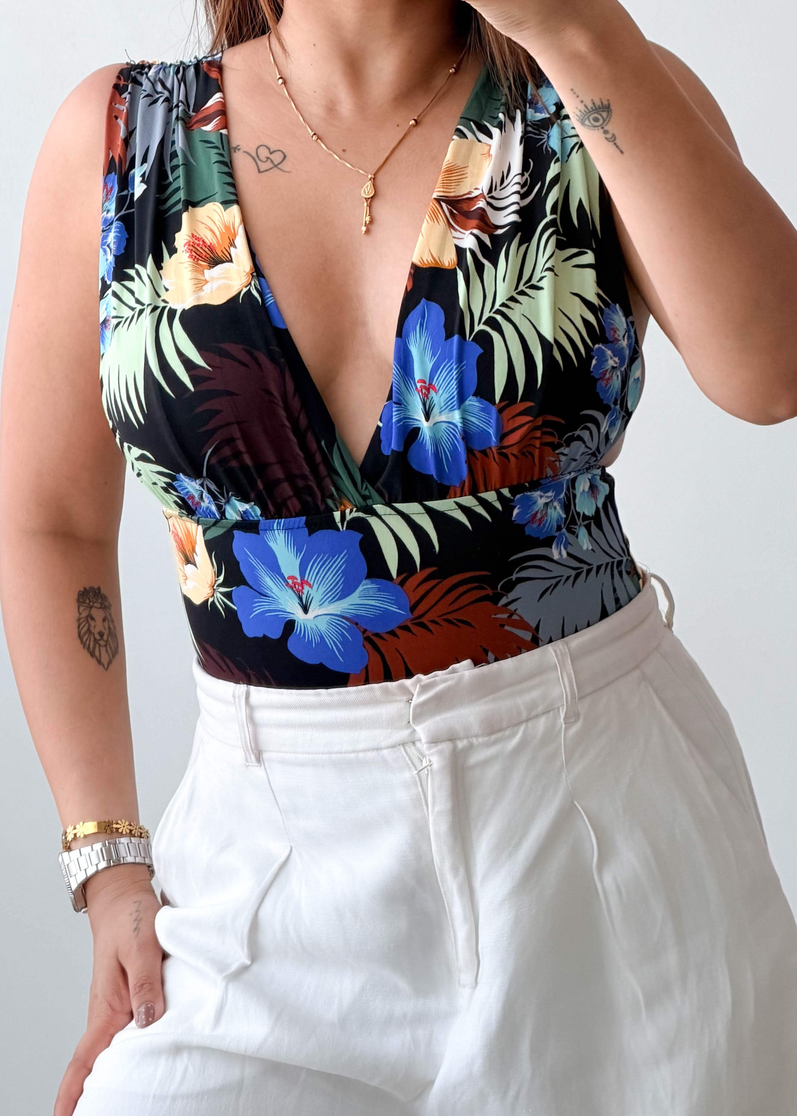 Size XS-S Tropical Floral Plunge Bodysuit