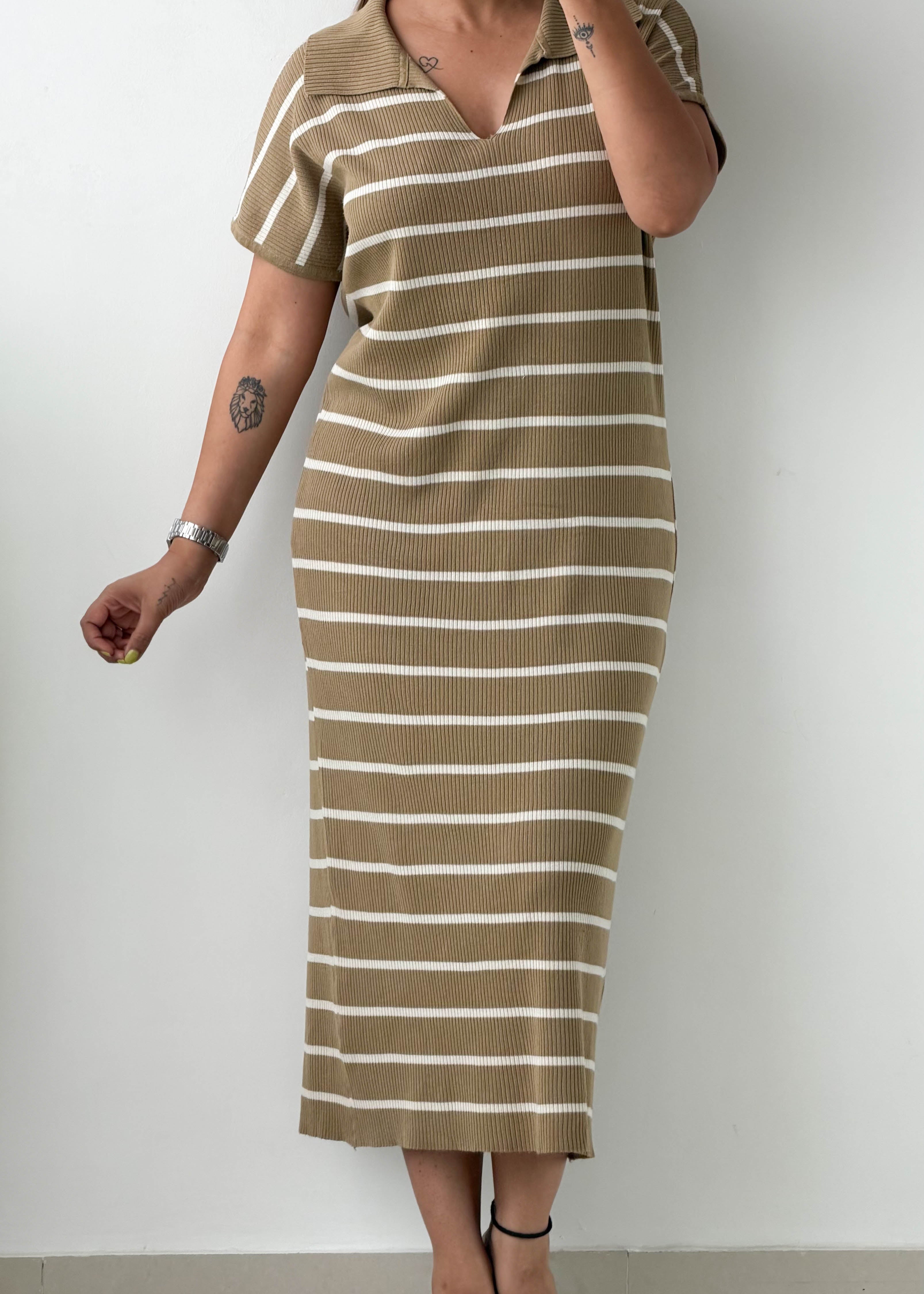 Size M-L Khaki Striped Polo Maxi Dress