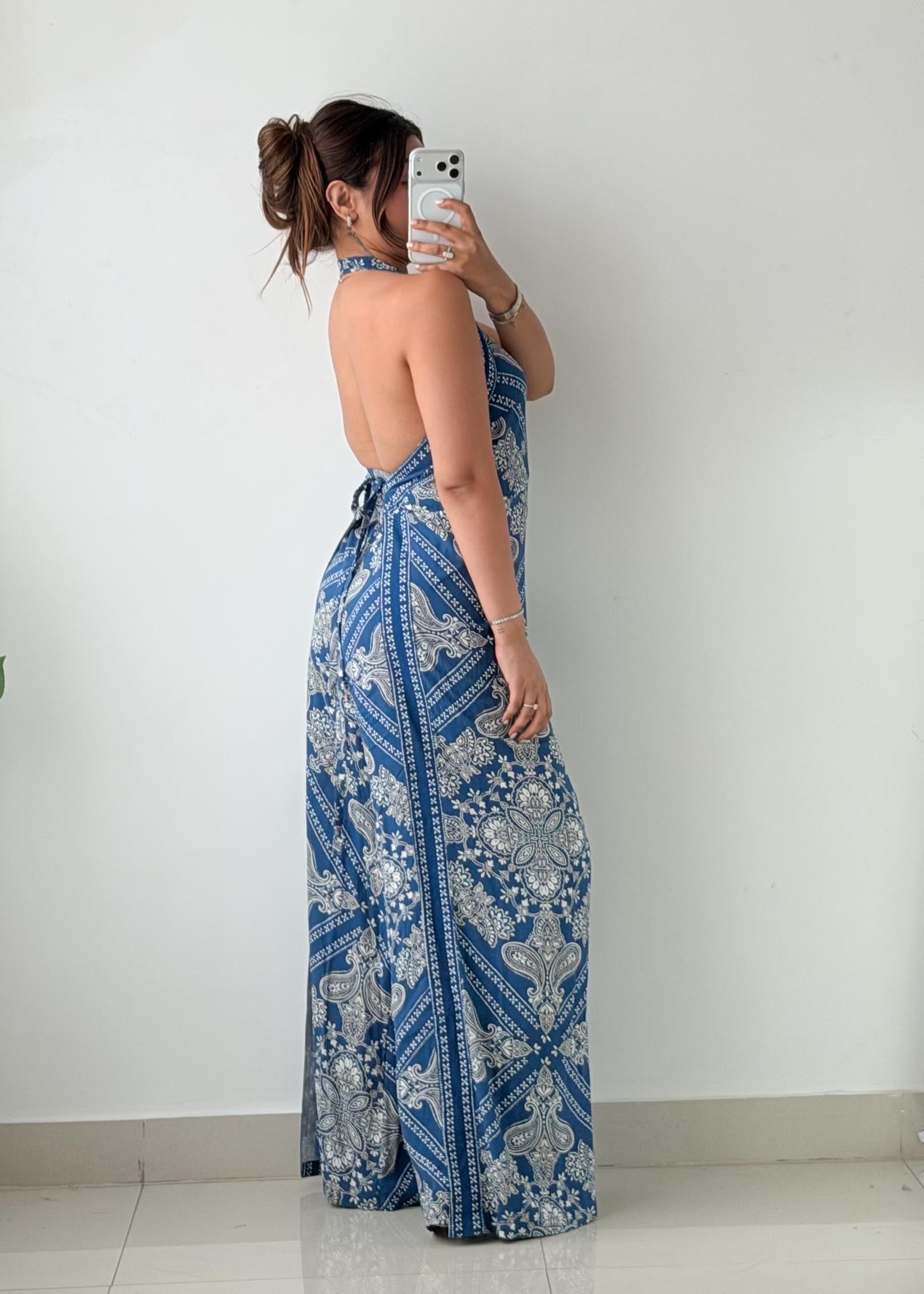 Size M-L Blue Paisley Print Halter wrap around Jumpsuit