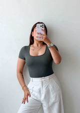 Size XS-S Olive Ribbed Scoop Neck Bodysuit