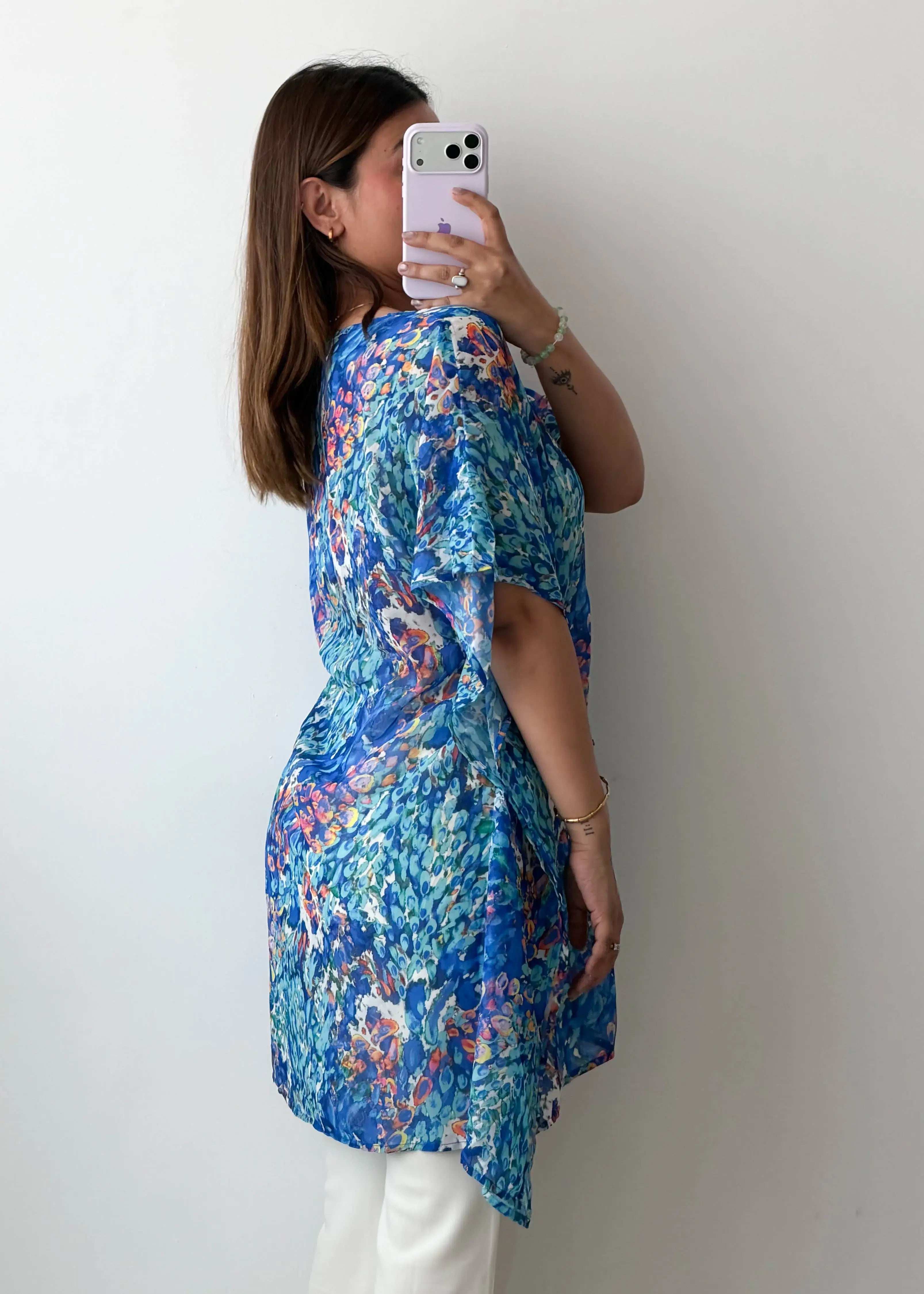 Free Size Blue Printed Cover-Up Top