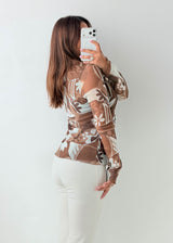 Size M-L Brown Abstract Mesh Wrap Top