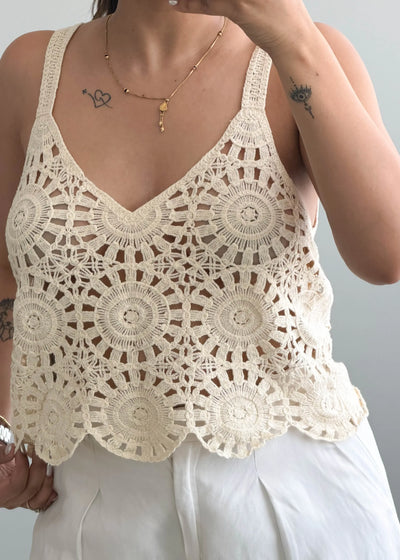 Size S-M, Cream Crochet Floral Tank Top - Closet by Payal