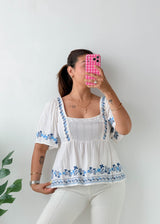 Size S-M White Blue Embroidered Peplum Top