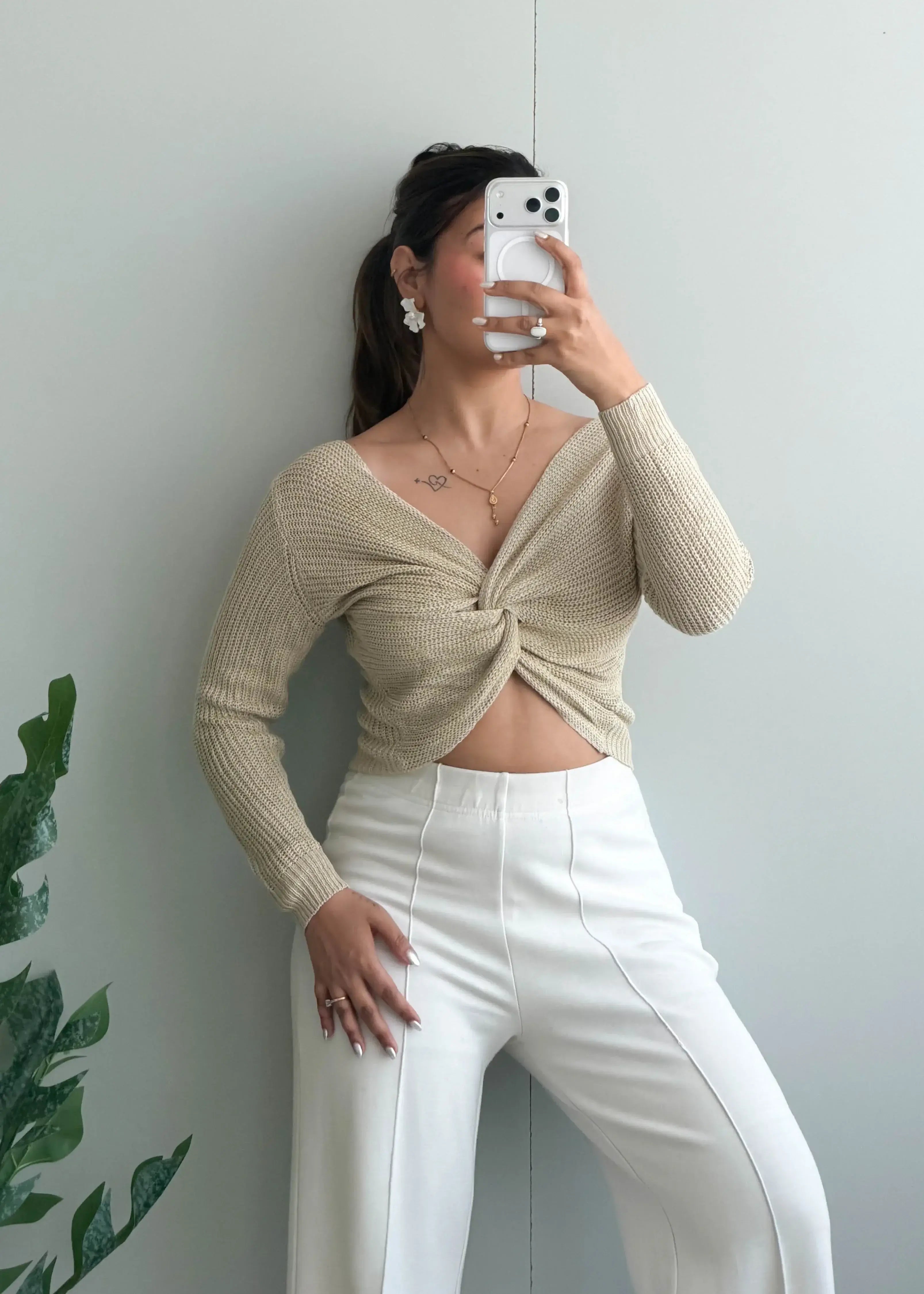 Size S-M, Beige Twist Front Crop Top - Closet by Payal