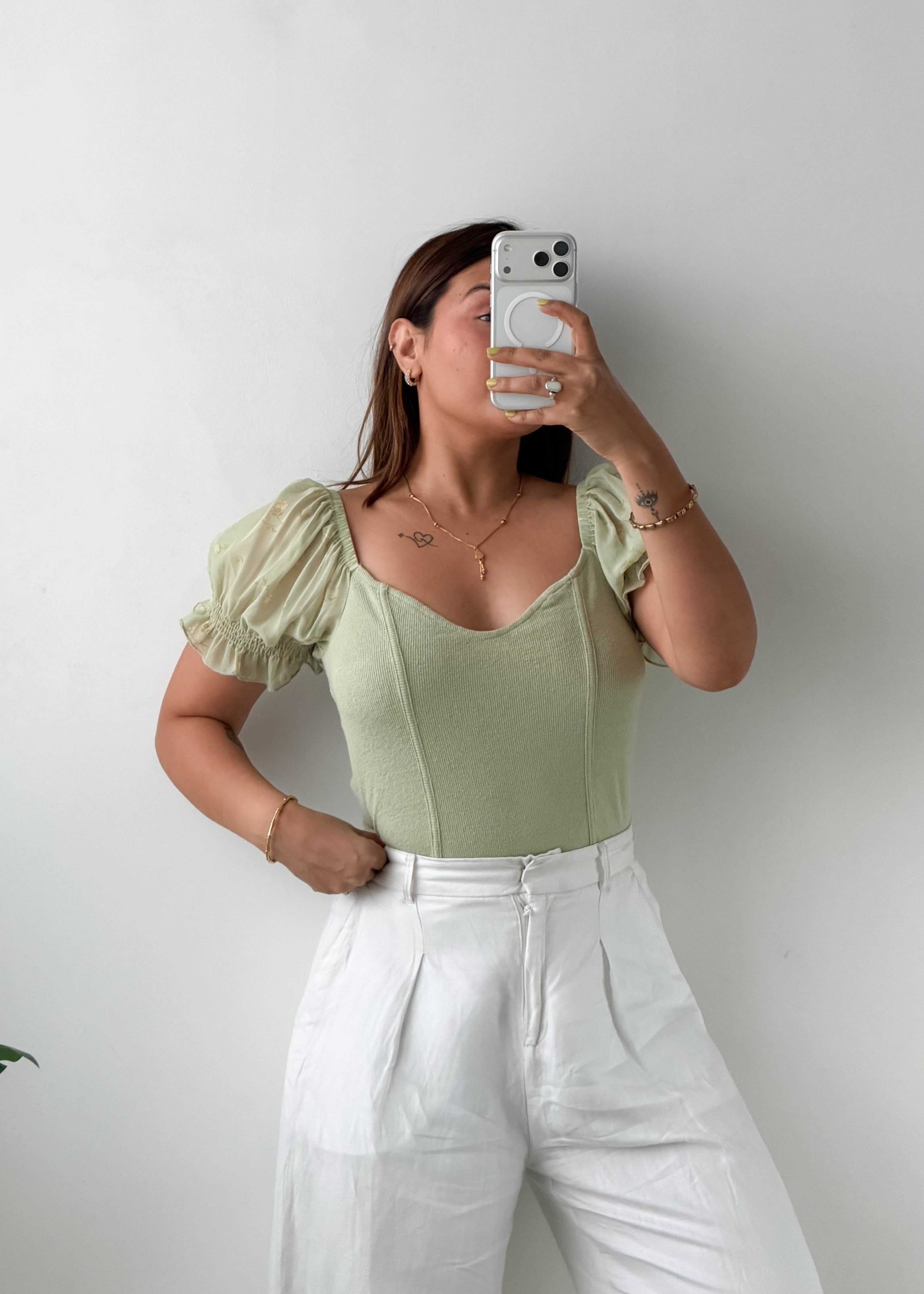 Size M-L Sage Puff Sleeve Bodysuit