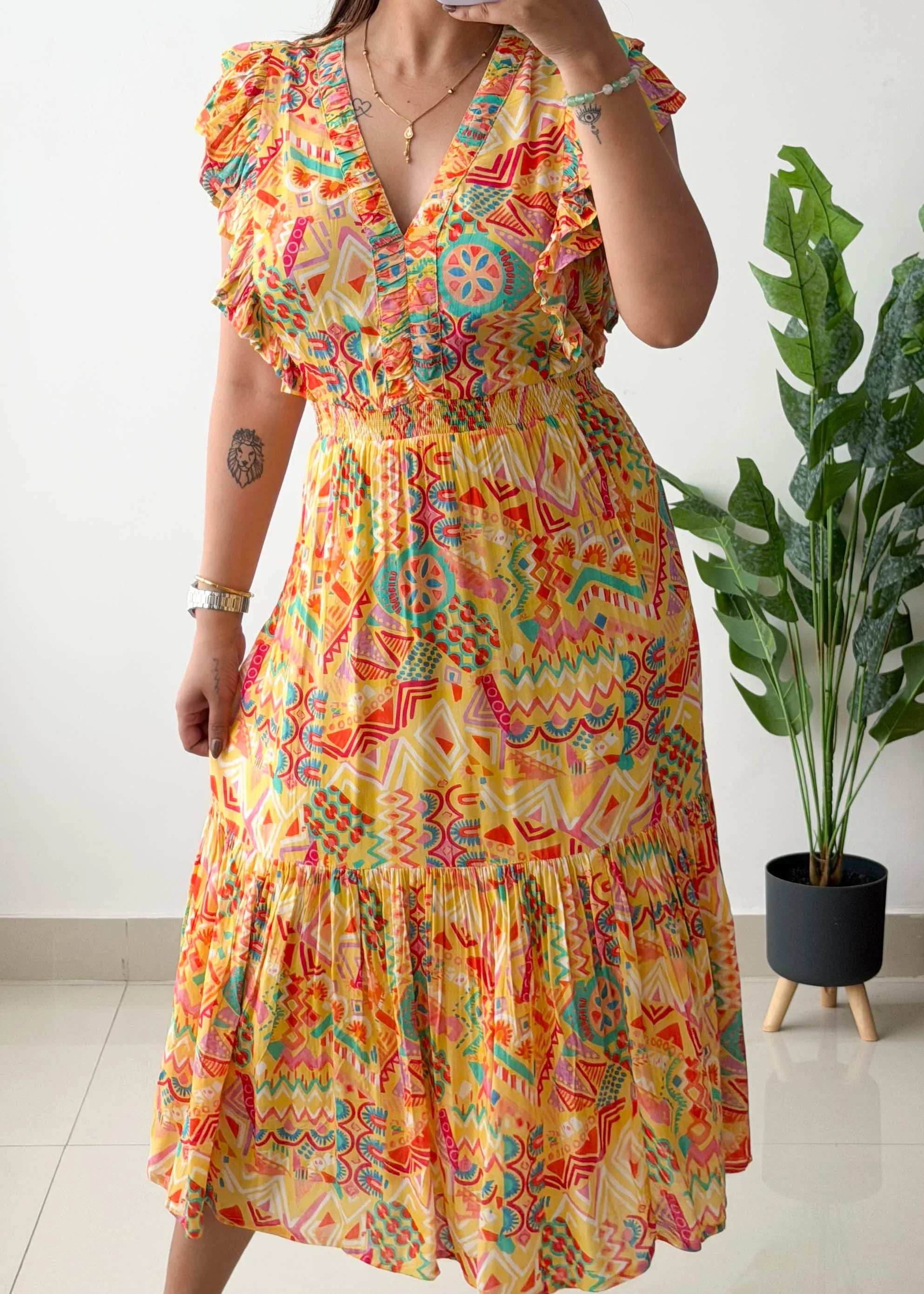 Size M-L, Geometric Print Tiered Midi Dress