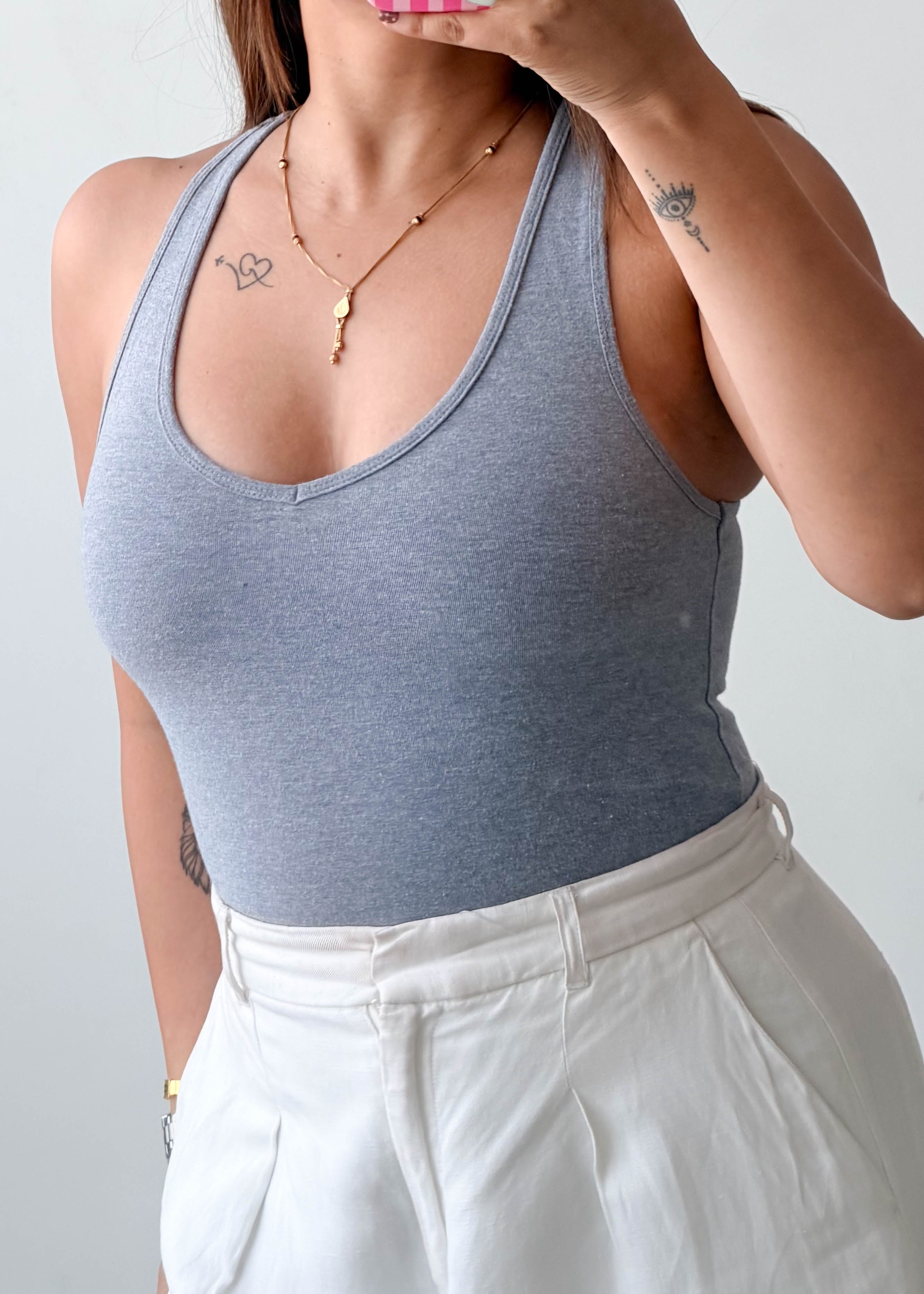 Size XS-S Grey Racerback Bodysuit