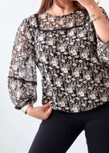Size S-M Black Floral Sheer Top