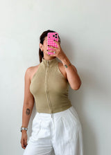 Size M-L Sage Ribbed Zip Halter Top