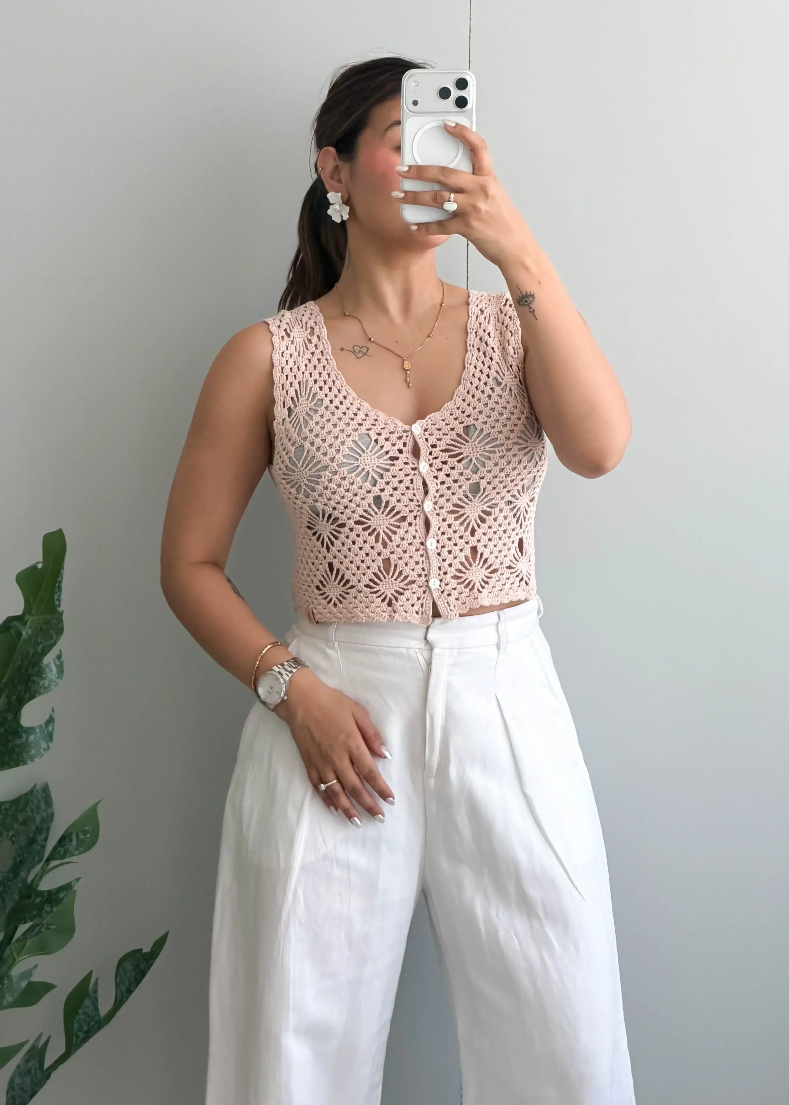 Size XS-S, Blush Crochet Button Front Top - Closet by Payal