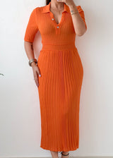 Size S-M Orange Ribbed Collared Midi Dress