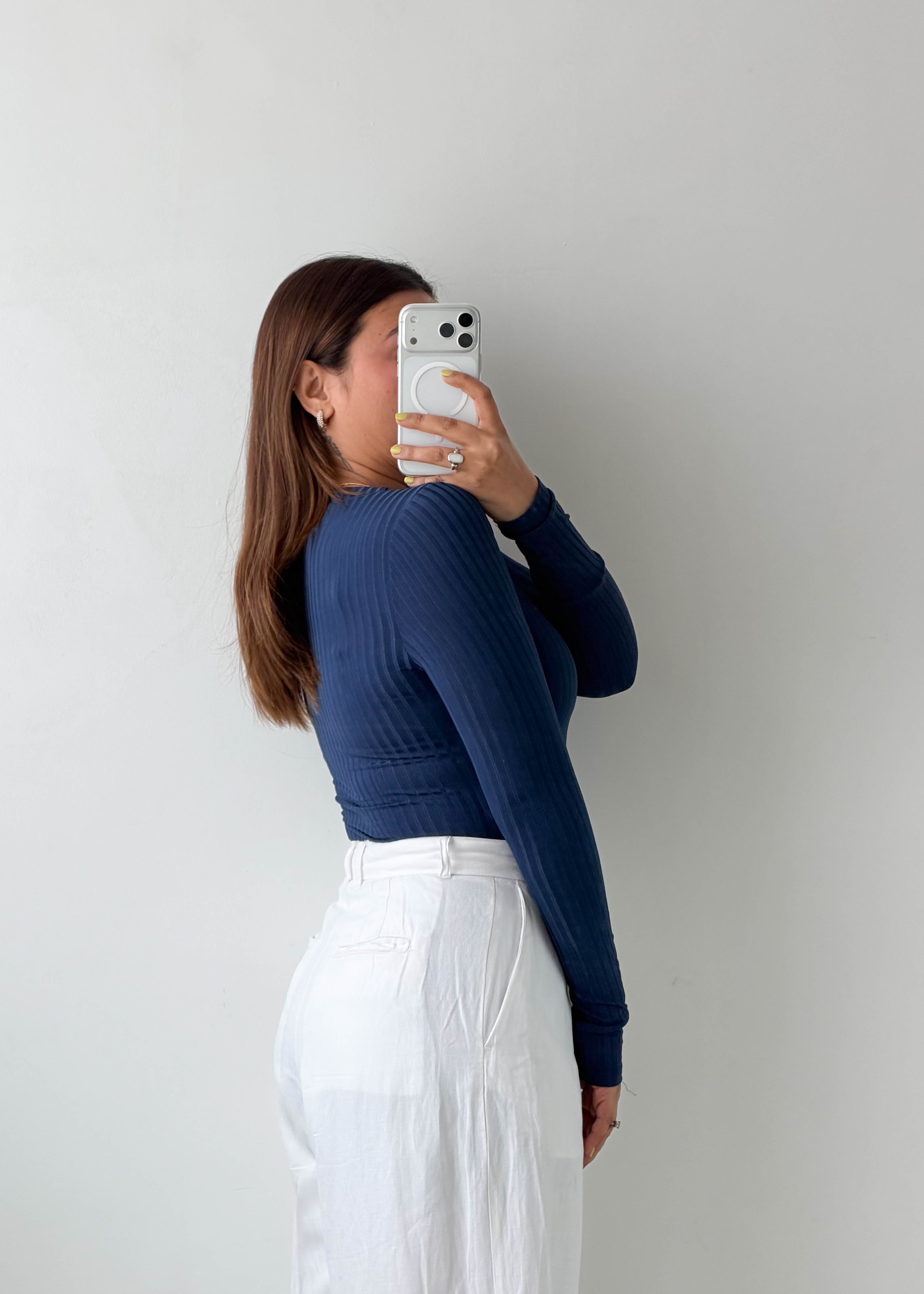 Size XS-S Navy Ribbed Scoop Neck Bodysuit