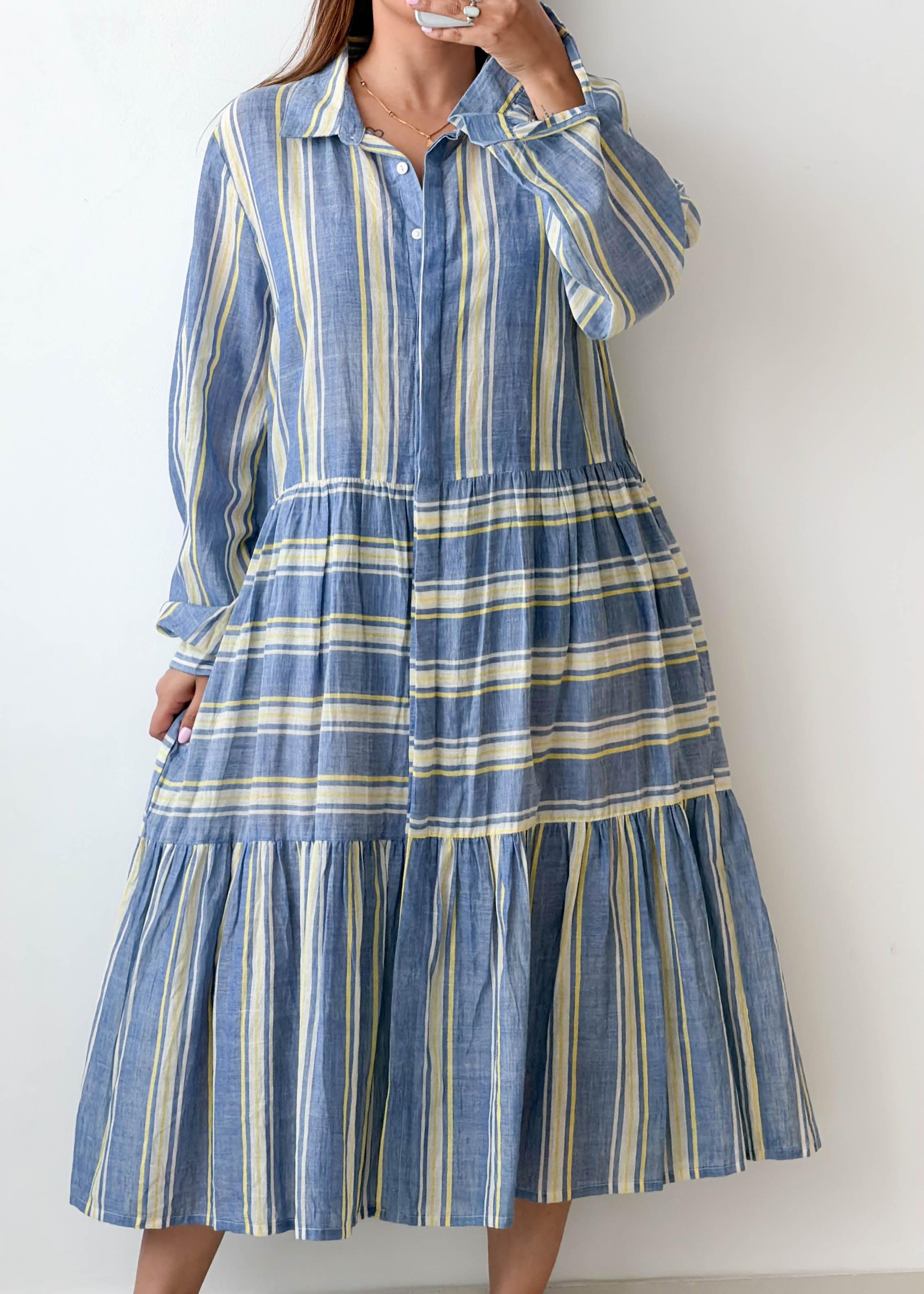 Size L-XL Blue Striped Shirt Midi Dress