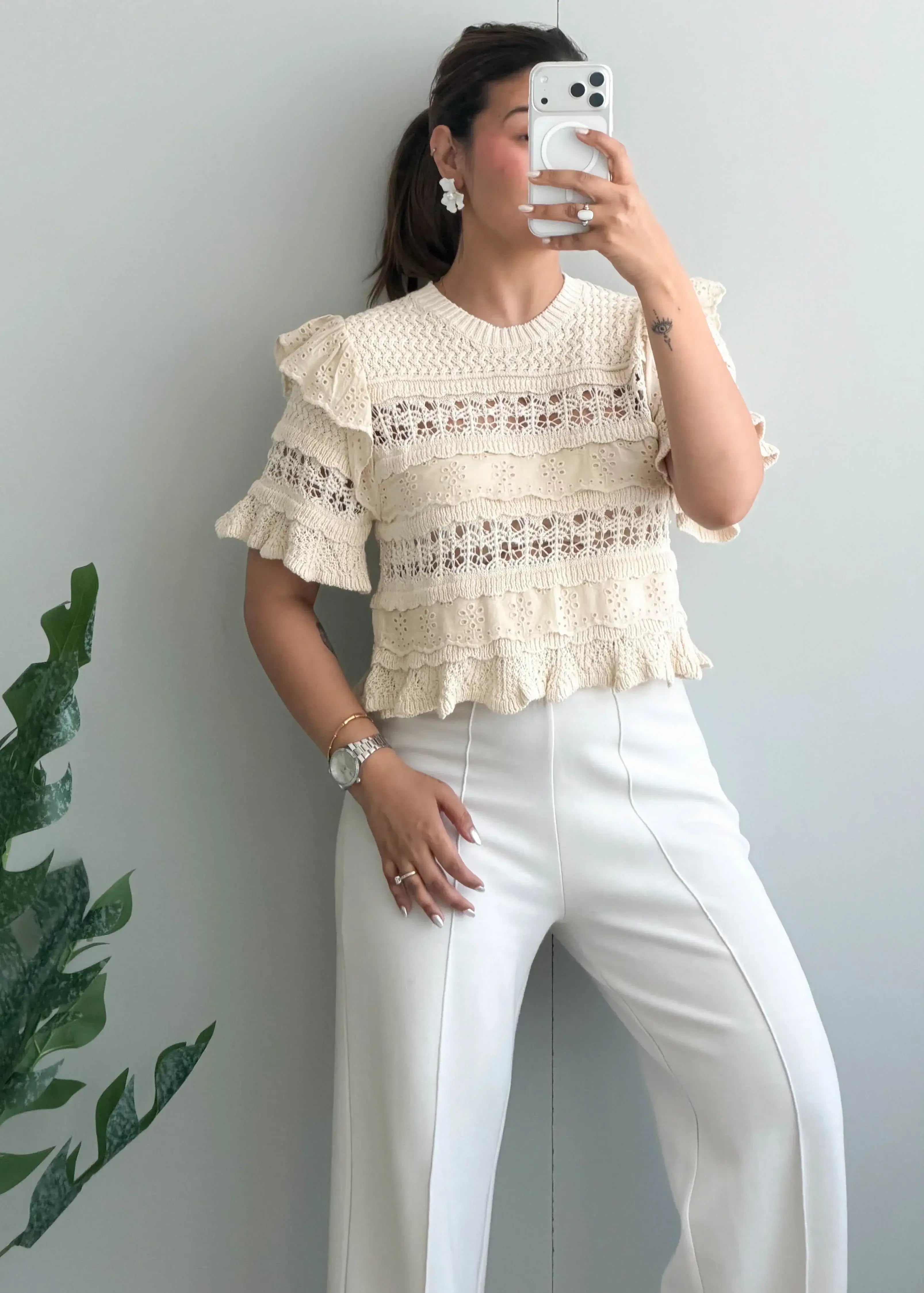Size S-M, Cream Ruffle Lace Top - Closet by Payal