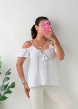 Size S-M White Off-Shoulder Embroidered Tassel Top
