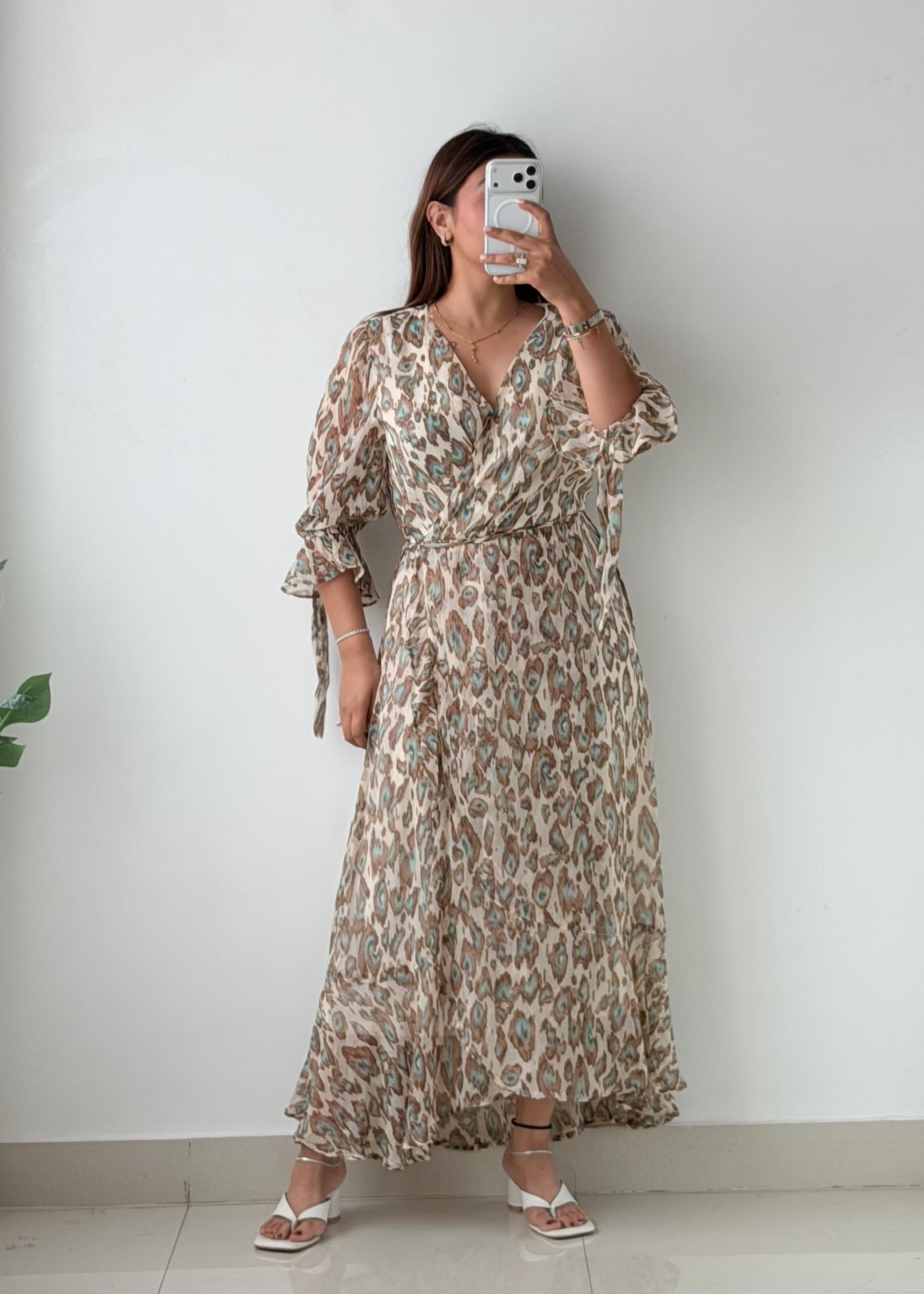 Size S-M Beige Printed Wrap Maxi Dress