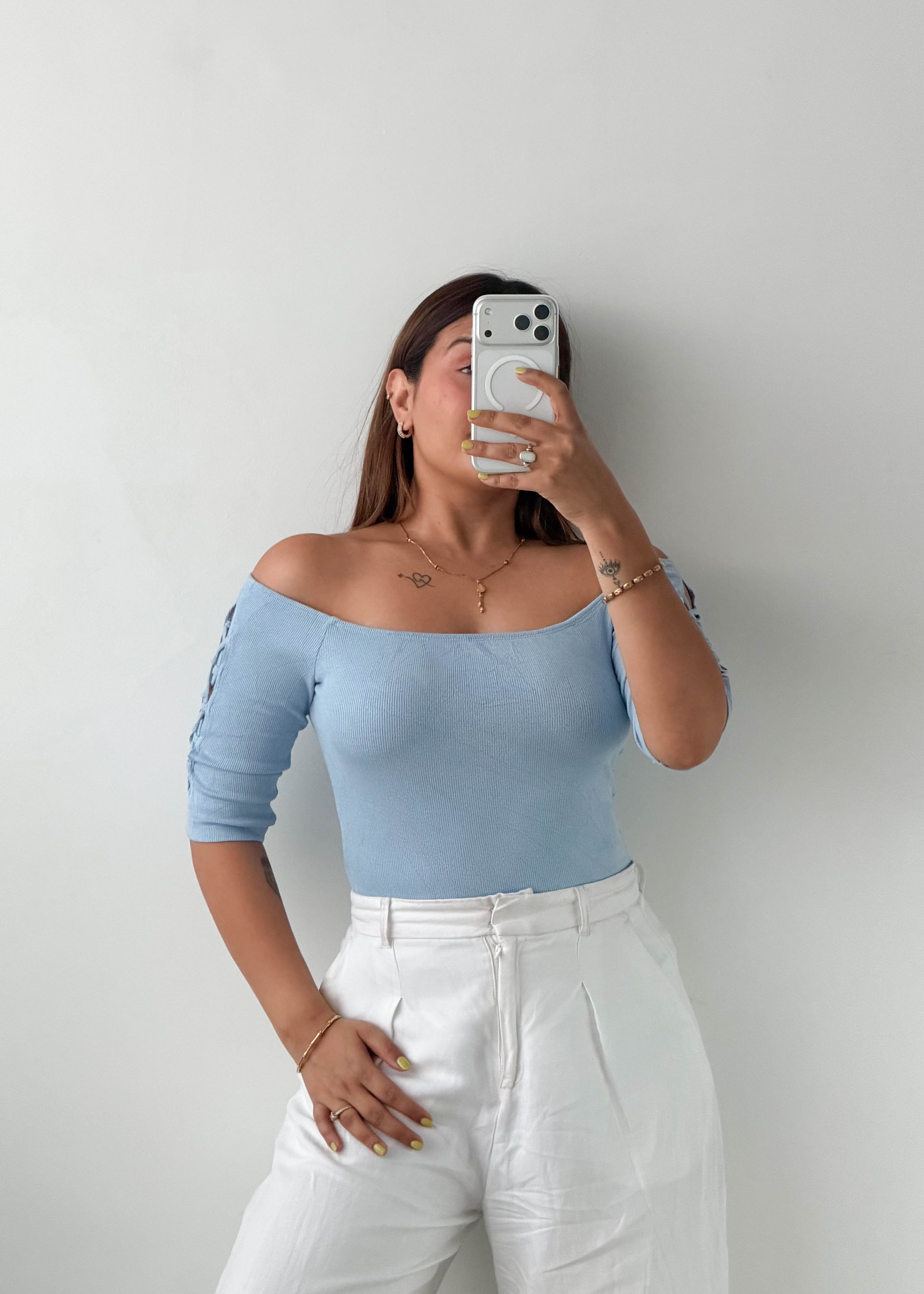 Size S-M Powder Blue Off-Shoulder Bodysuit