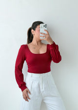 Size M-L Wine Puff Sleeve Square Neck Top