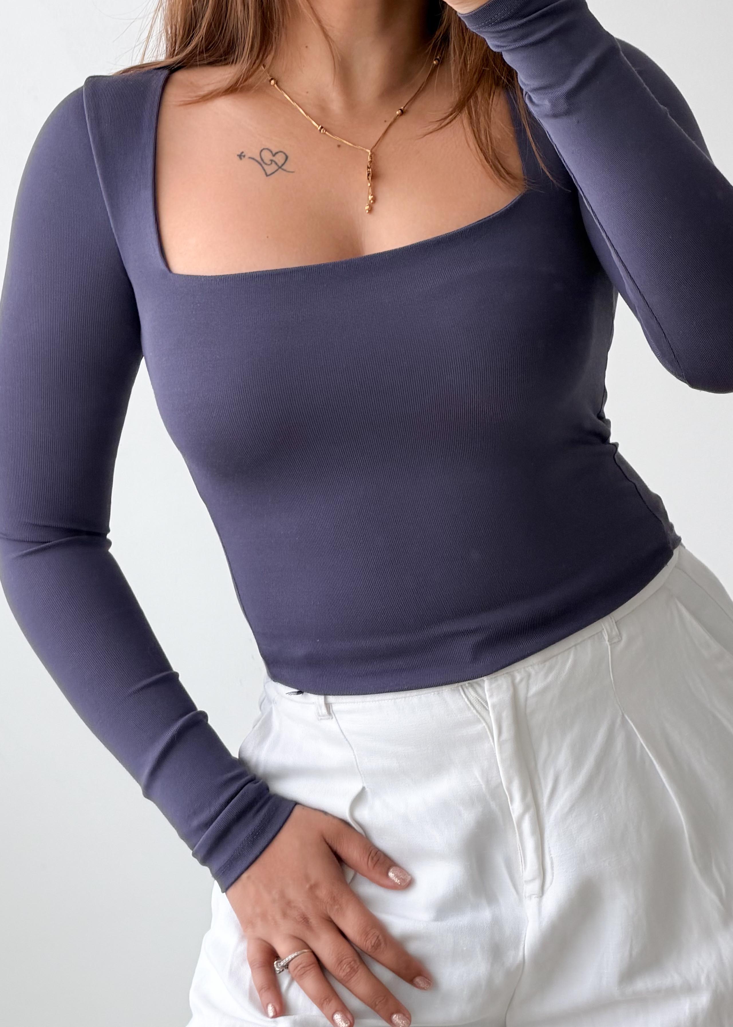 Size XS-S Slate Blue Square Neck Long Sleeve Top