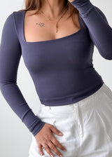Size XS-S Slate Blue Square Neck Long Sleeve Top