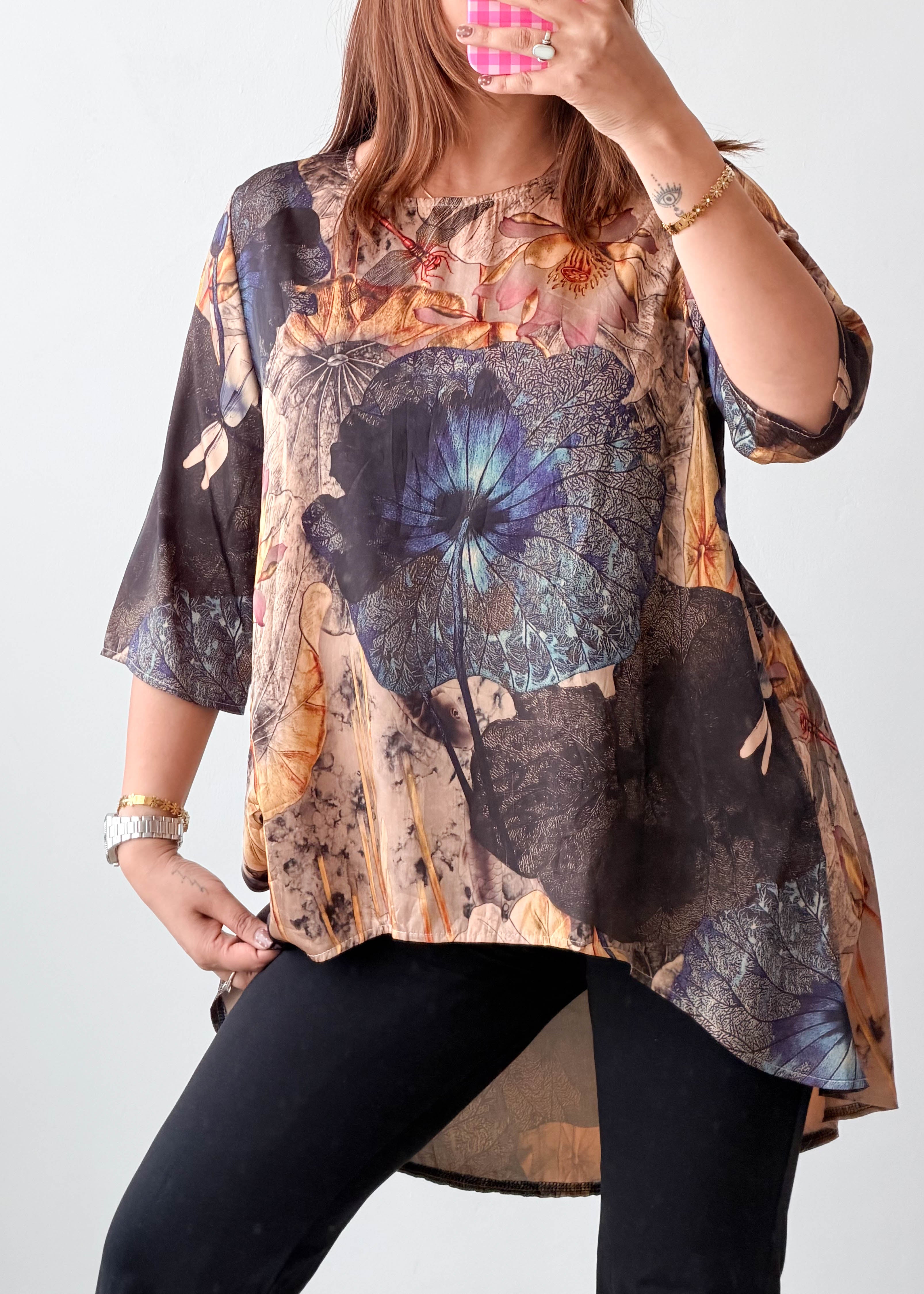 Size L-XL Brown Abstract High-Low Tunic Top