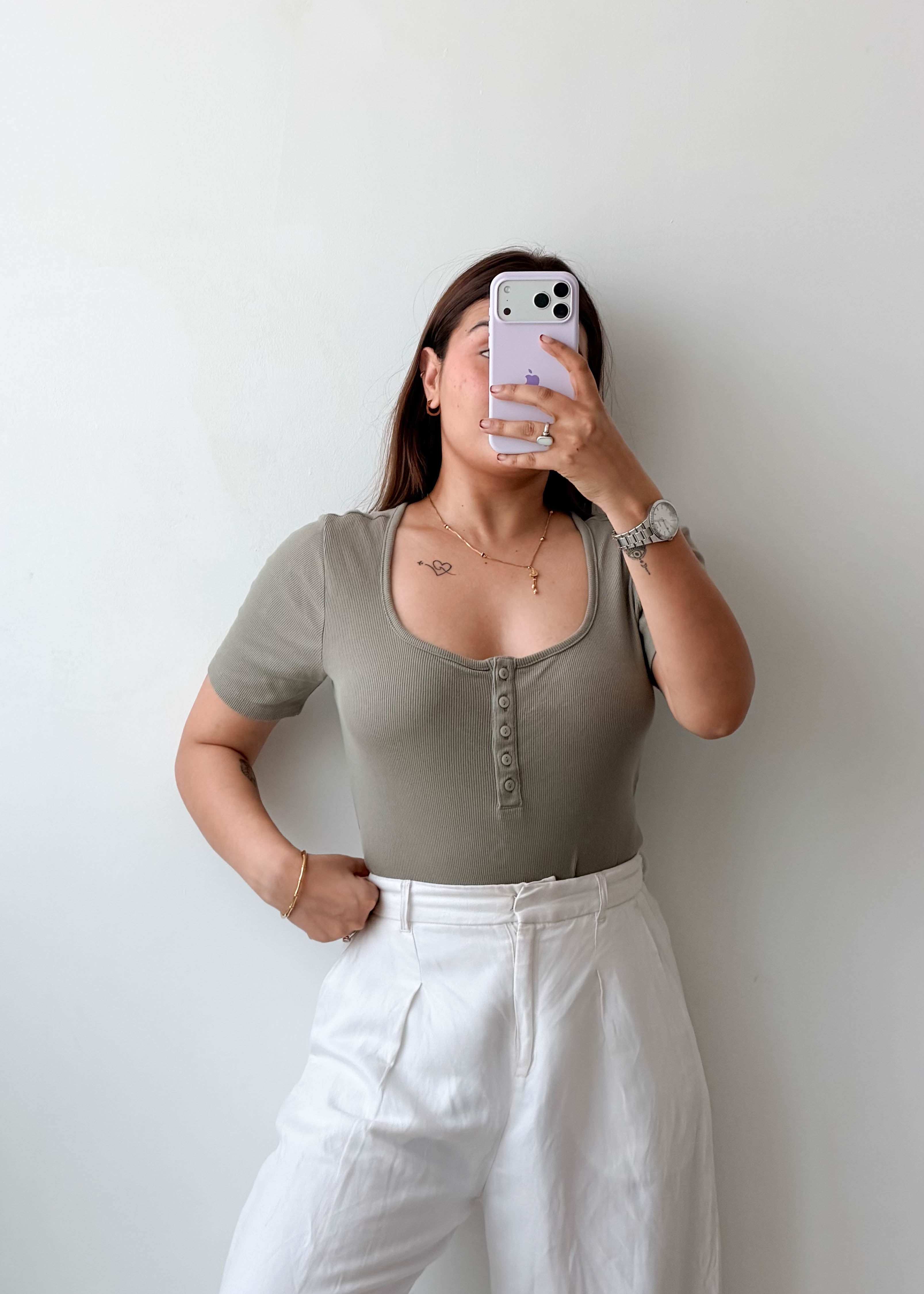 Size L Sage Button Detail Bodysuit