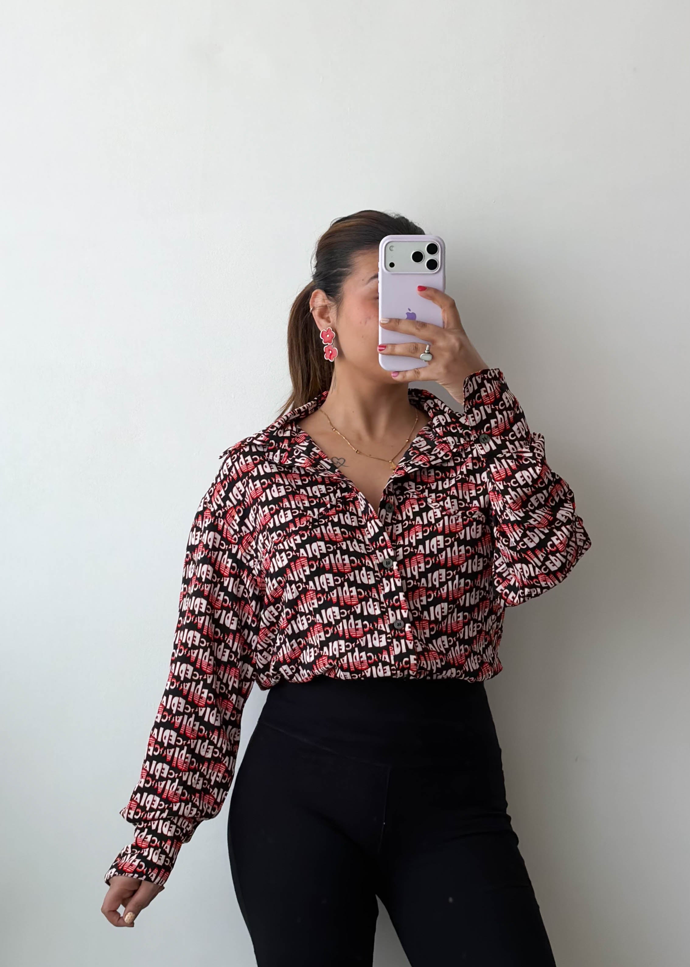 S-M Red Black Typography Print Satin Shirt