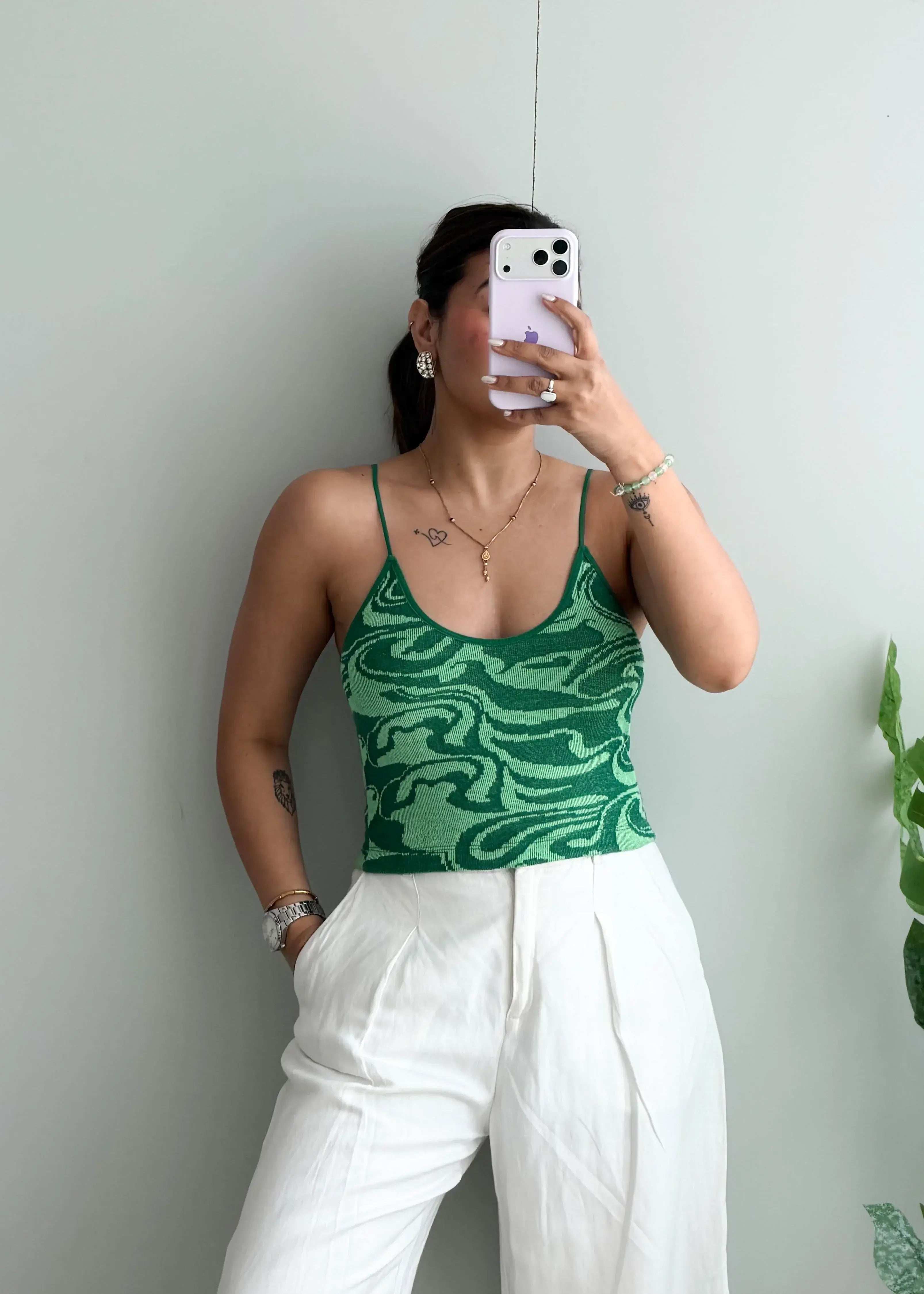 Size S-M, Green Abstract Print Cami Top - Closet by Payal