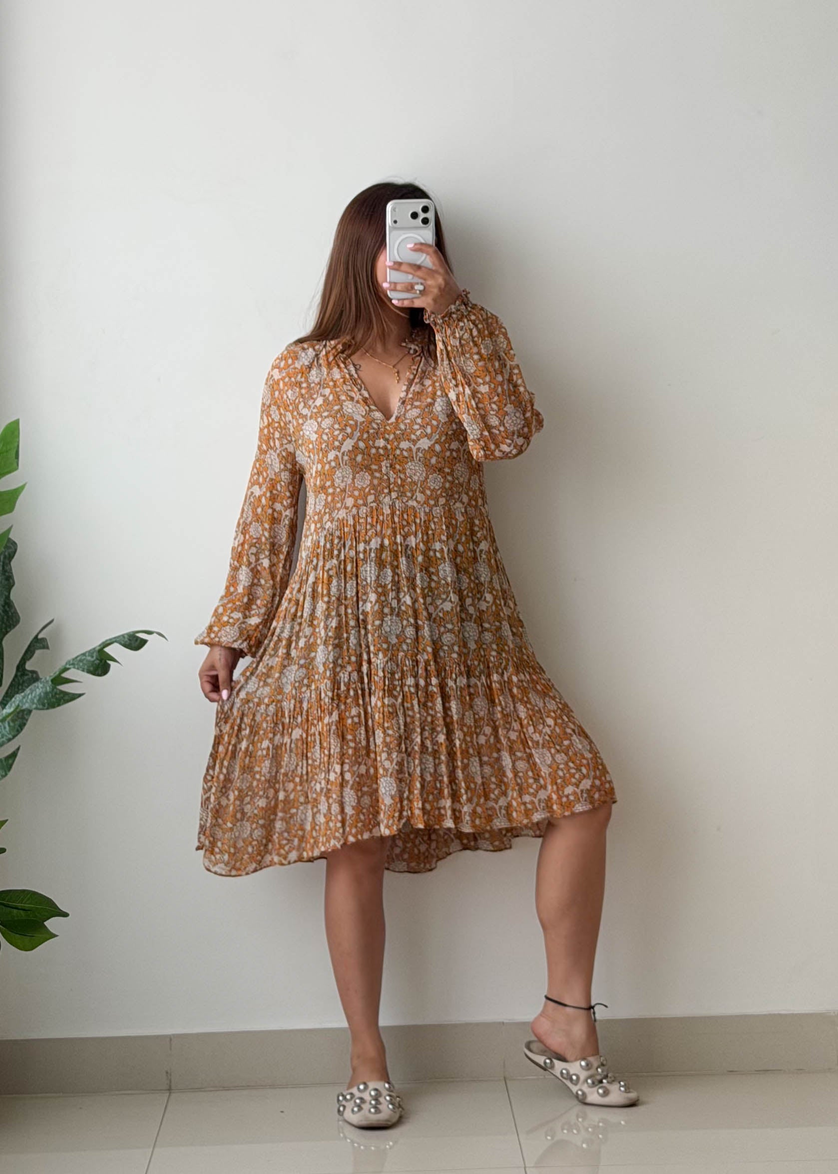 Size M-L Mustard Floral Pleated Mini Dress