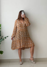 Size M-L Mustard Floral Pleated Mini Dress