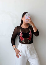Size S-M Black Sheer Embroidered Bodysuit