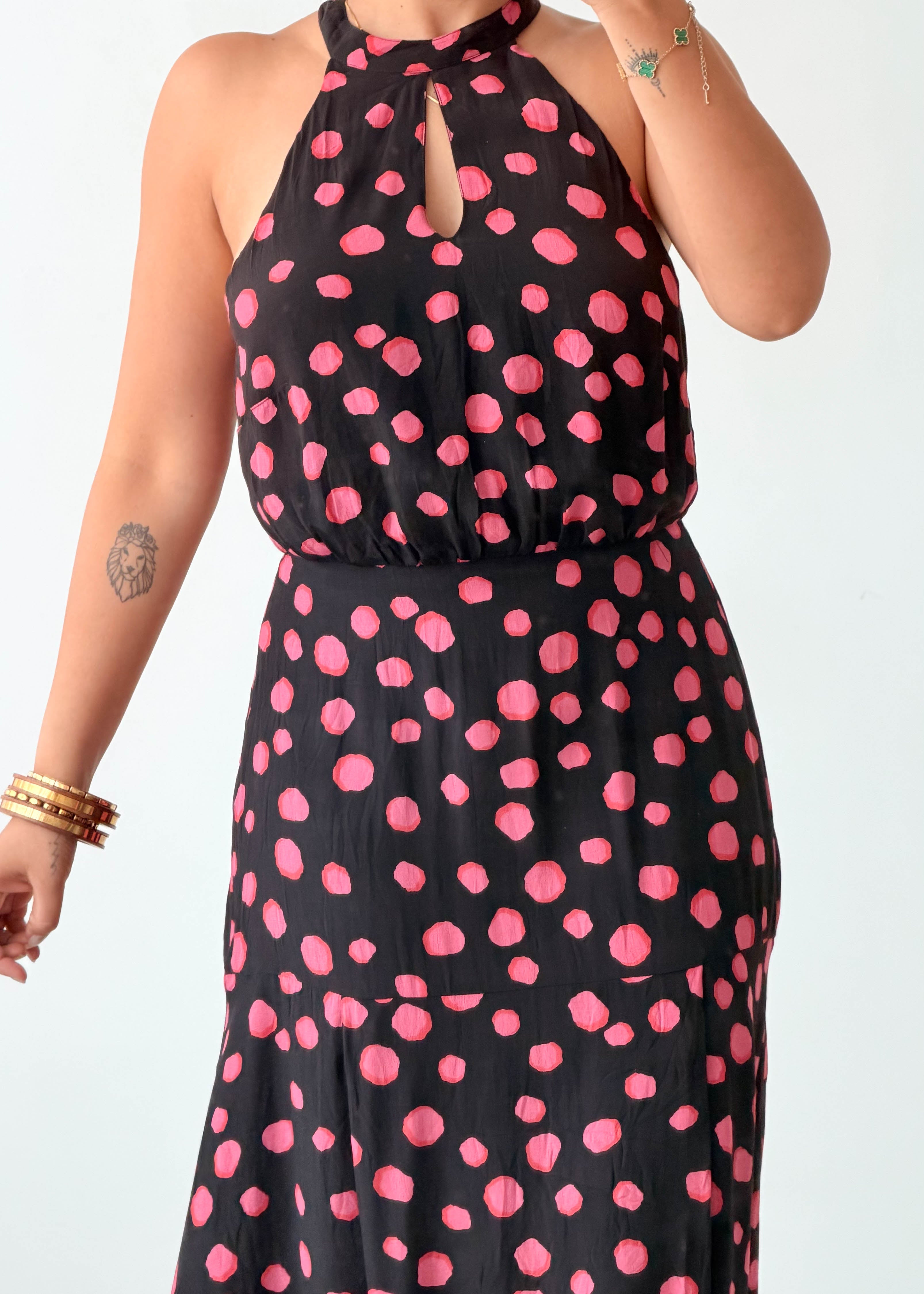Size S Black & Pink Polka Dot Halter Maxi Dress