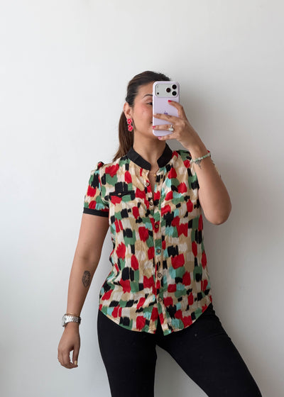 XS-S Multi Abstract Print Short Sleeve Cotton Voile Top