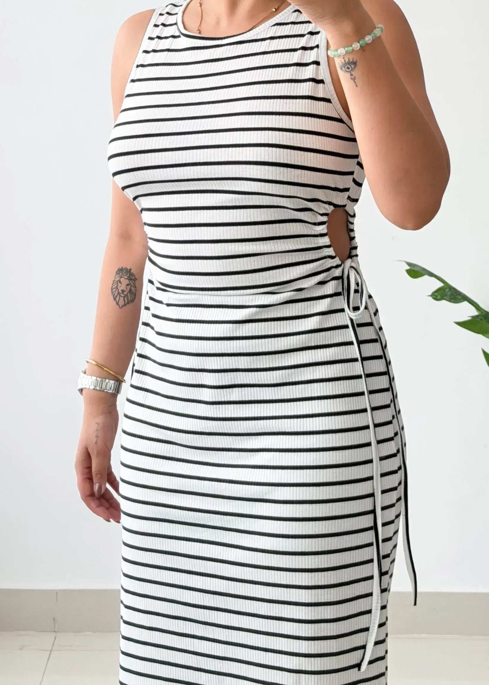 Size M-L, White & black Stripe Side Tie Midi Dress - Closet by Payal