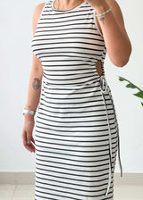 Size M-L, White & black Stripe Side Tie Midi Dress - Closet by Payal