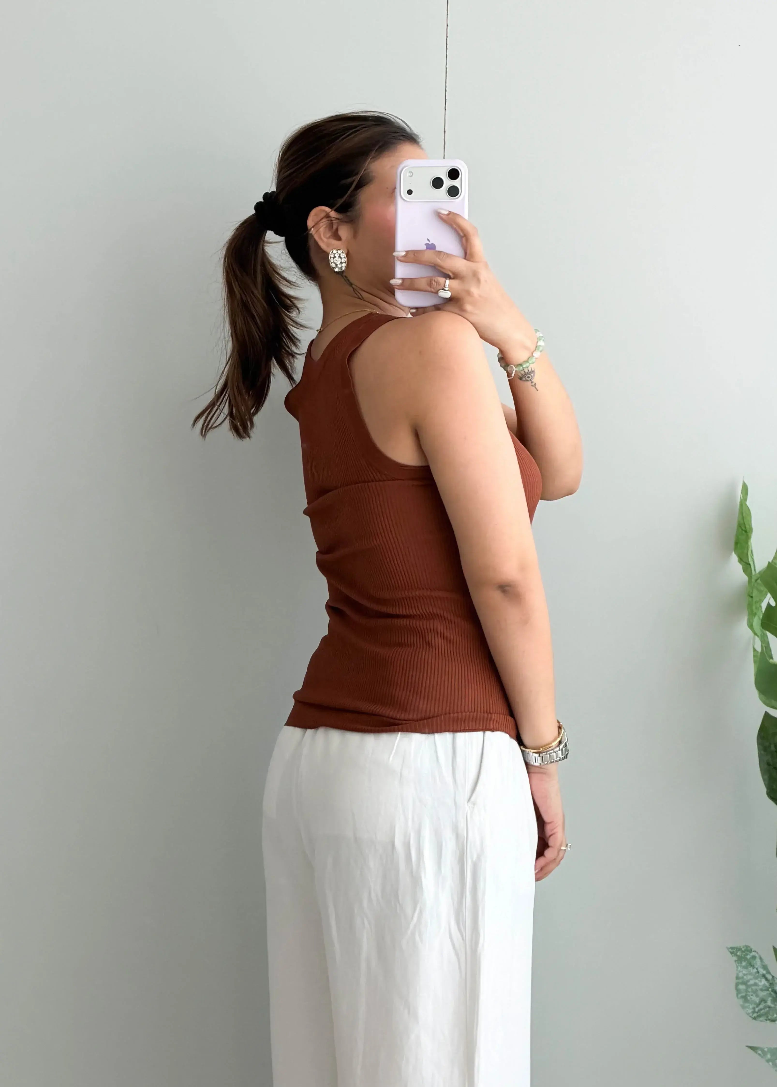 Size S-M, Brown Ribbed Sleeveless Tank Top - Closet by Payal