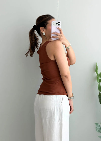 Size S-M, Brown Ribbed Sleeveless Tank Top - Closet by Payal