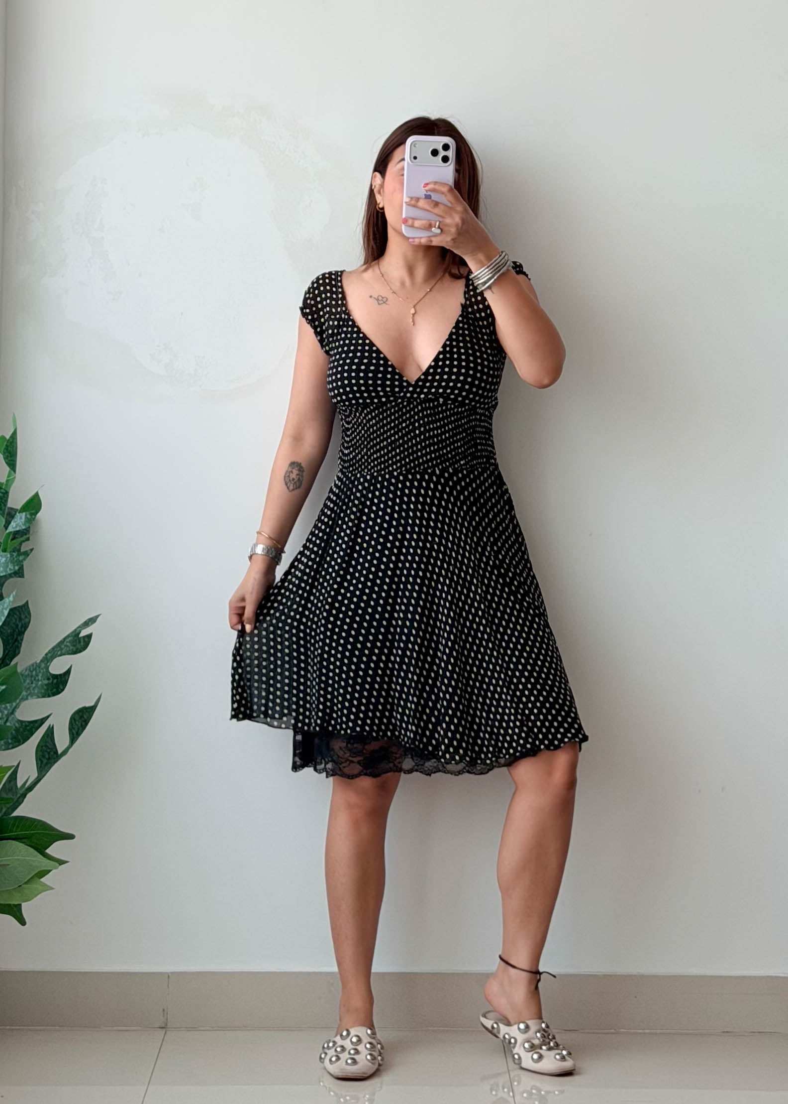 Size XS-S Black Polka Dot Cotton Fit & Flare Dress
