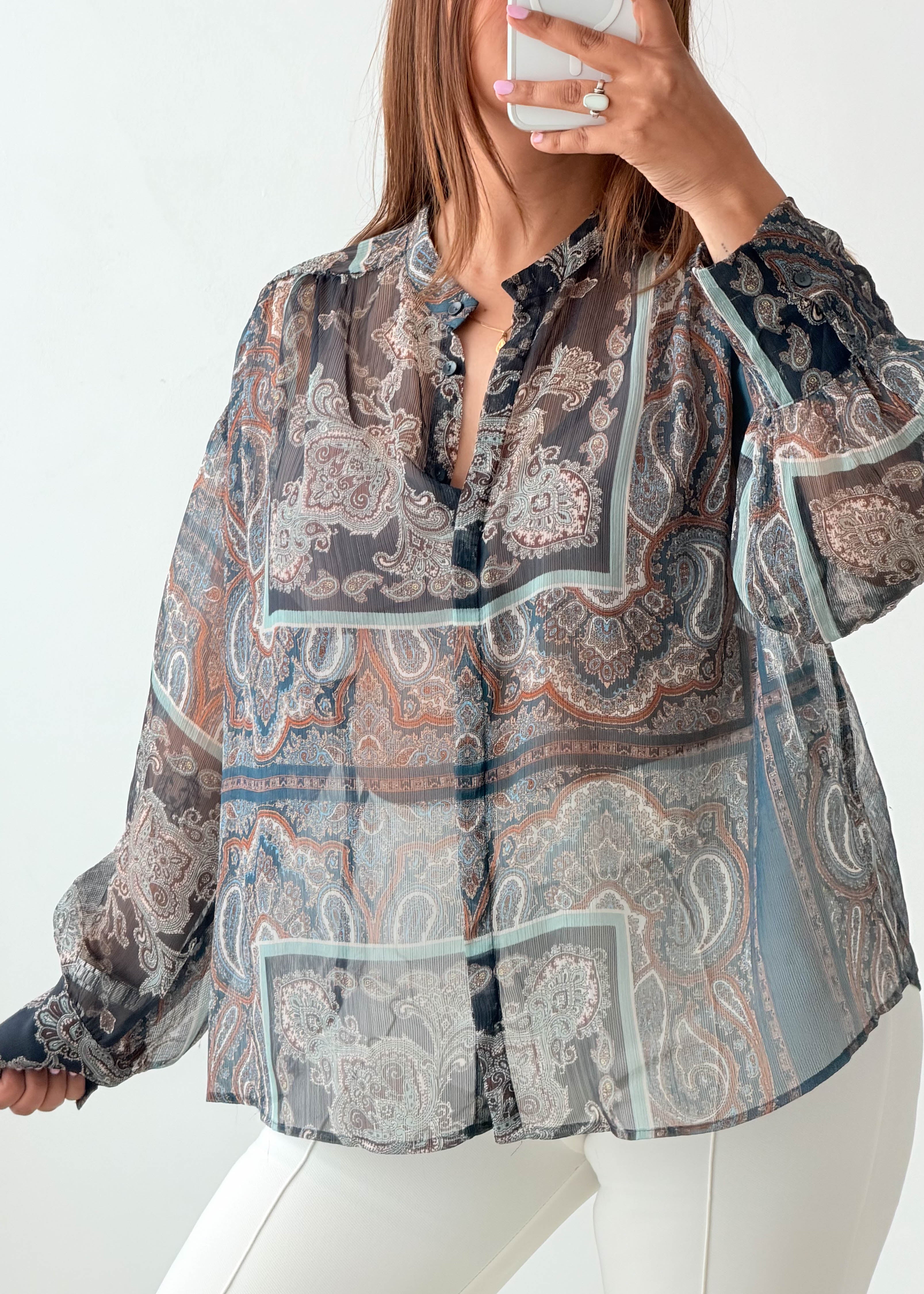 Size M-L Grey Paisley Sheer Shirt