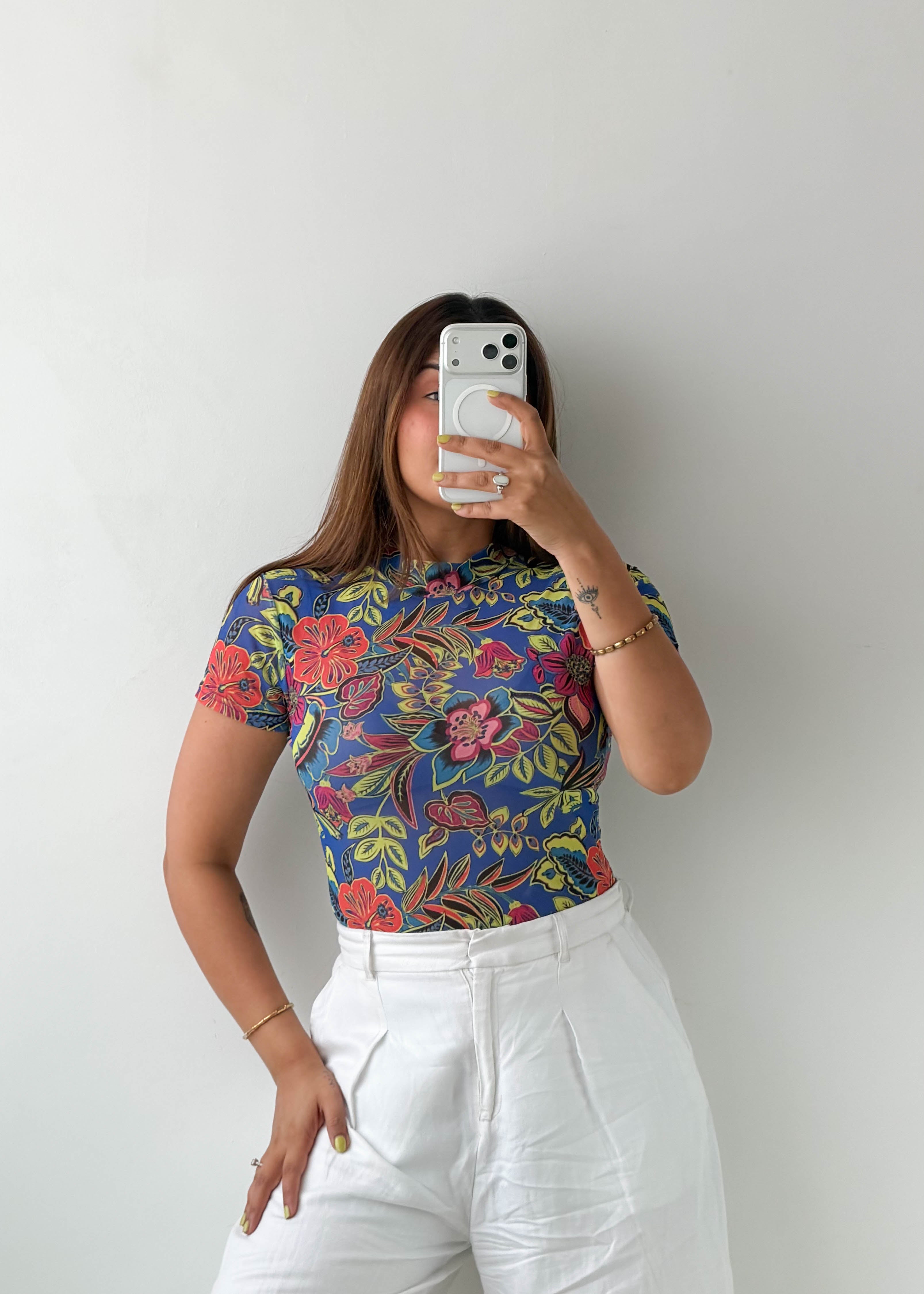 Size S-M Blue Floral Print Bodysuit