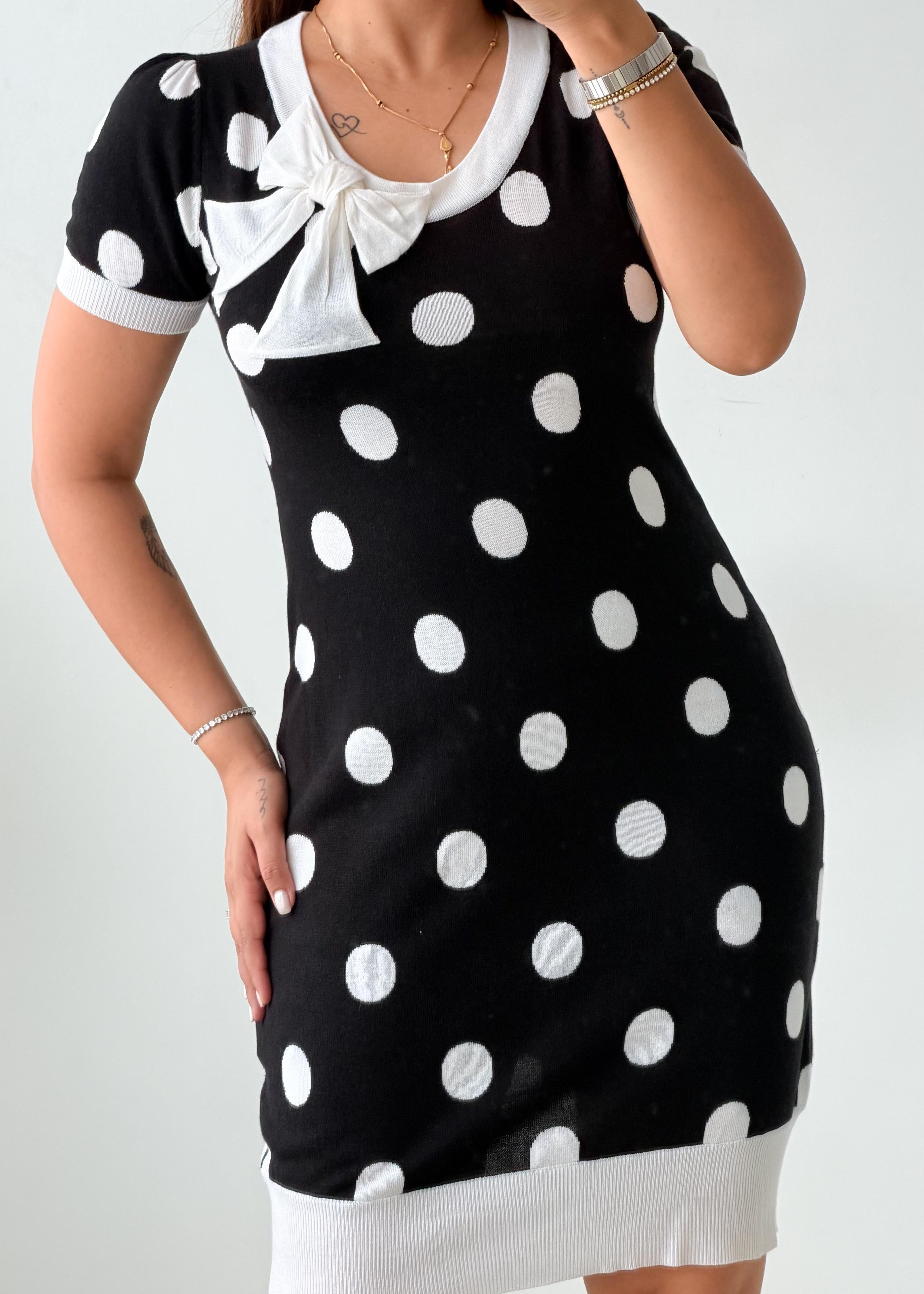 Size M-L Black & White Polka Dot Bow Mini Dress