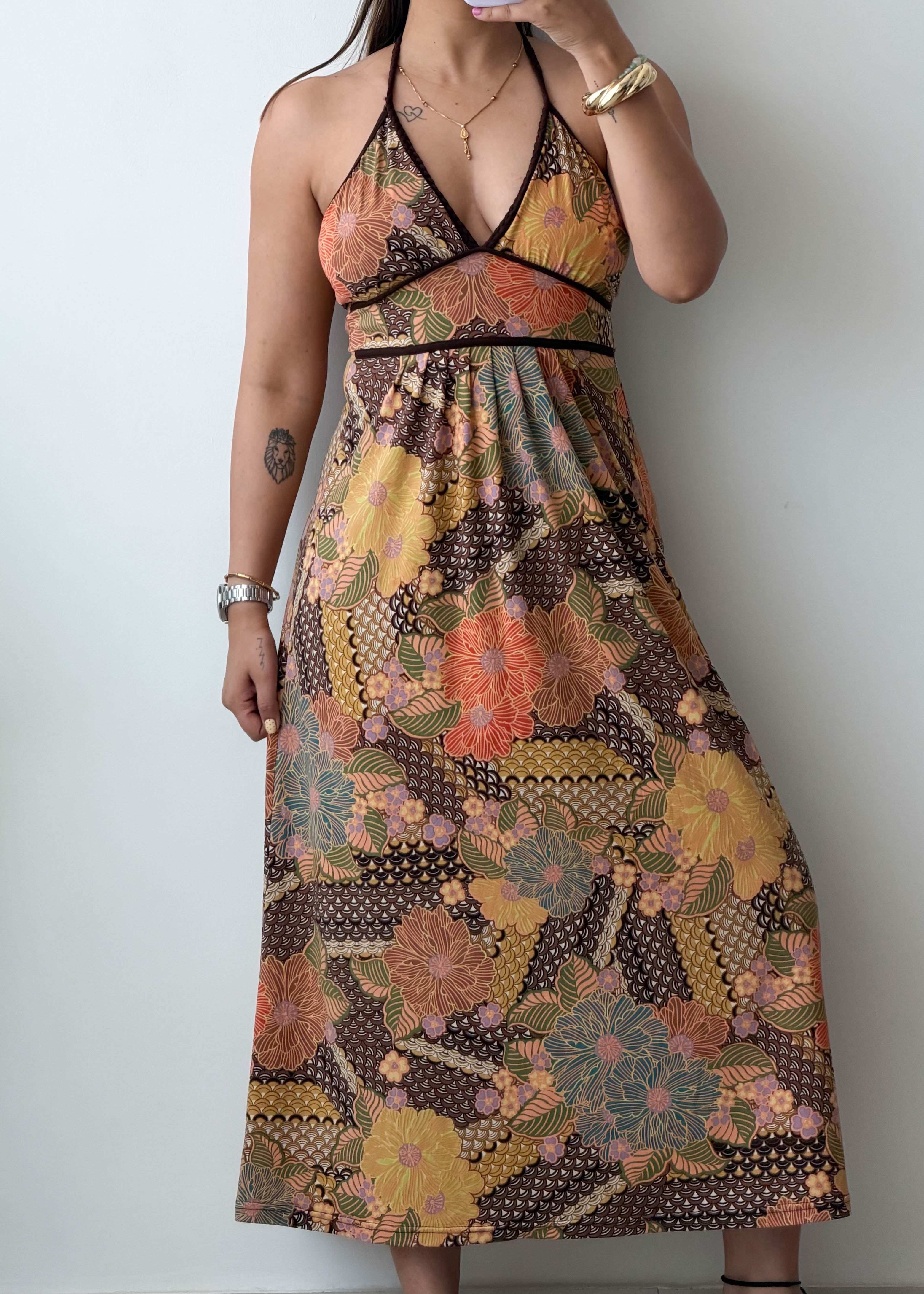 S-M Multicolor Printed Halter Maxi Dress