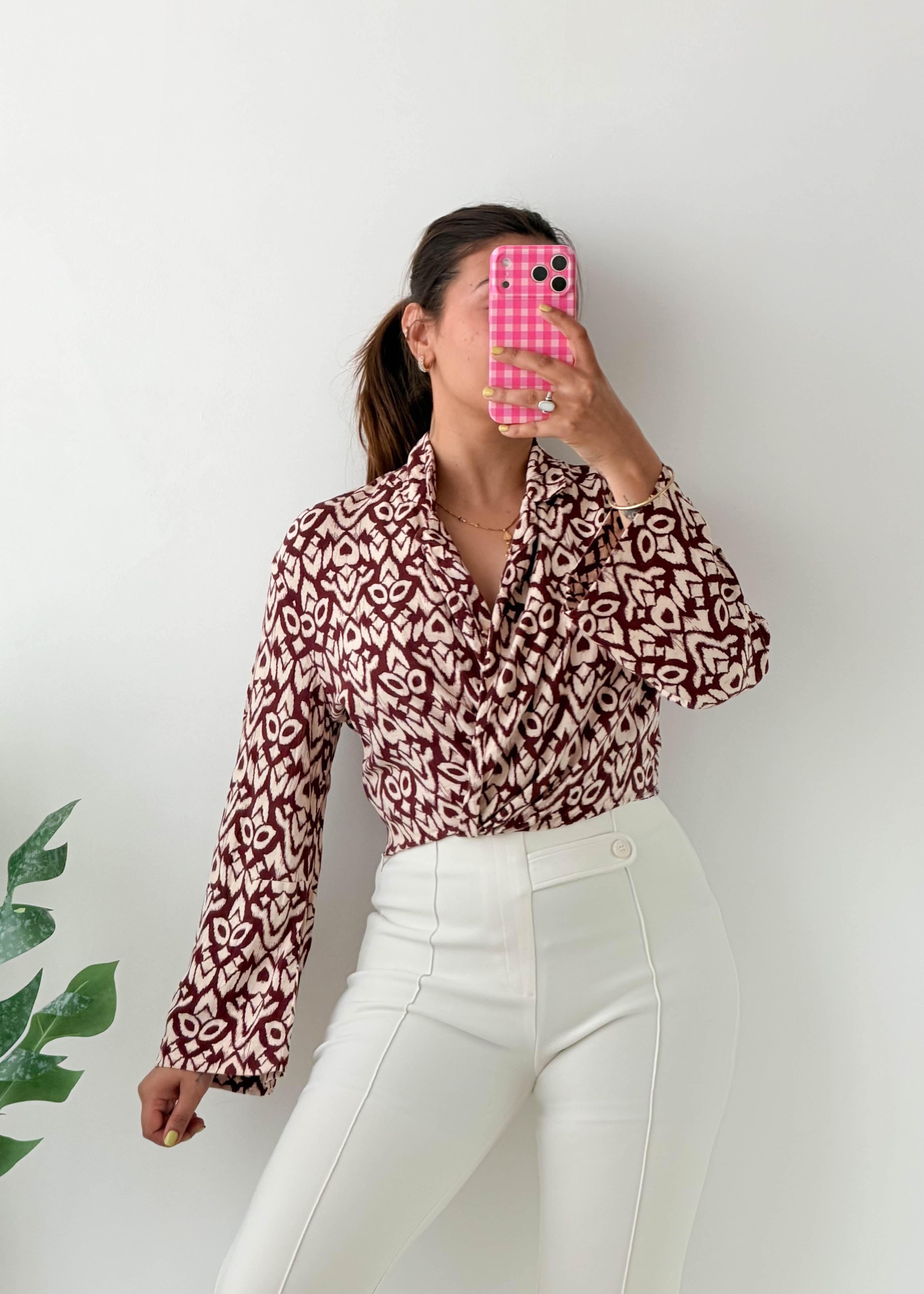 Size XS-S Brown Geometric Wrap Blouse